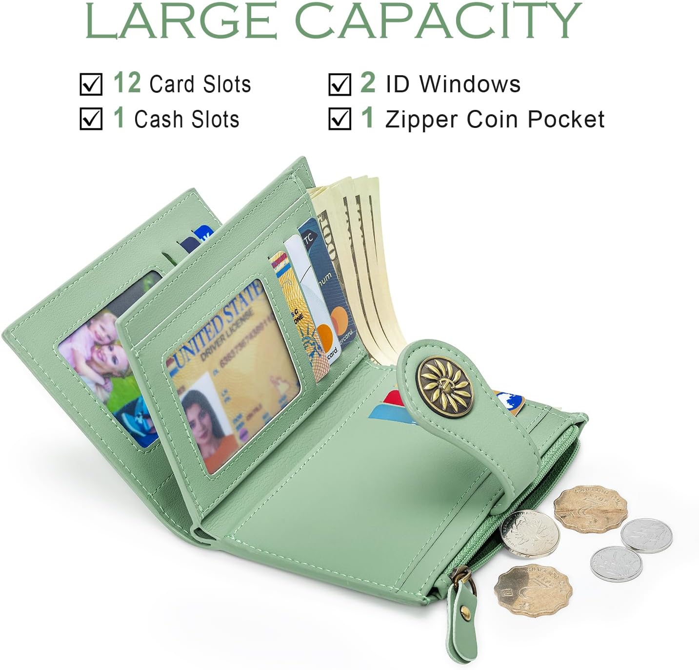 Small Wallets Woman Leather 2 ID Windows Bifold RFID Blocking Credit Card Holder Wallet with Zipper Coin Pocket - Image 2