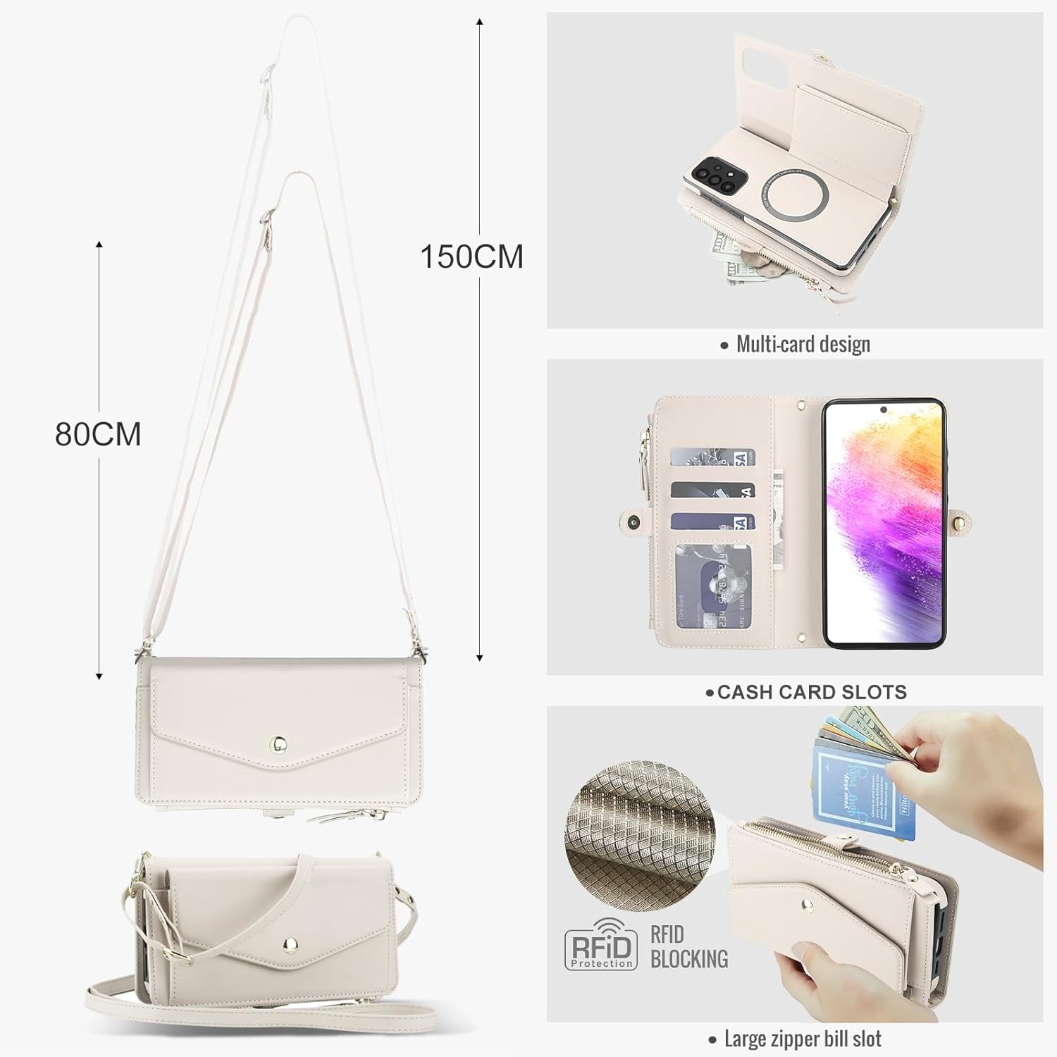 Phone Case for Samsung Galaxy A52/A52S 5G Wallet Cover Compatible with Magsafe RFID Screen Protector Crossbody Lanyard Strap Flip Card Holder Slot Zipper Cell A 52 S 4G G5 52A S52 52S Off White