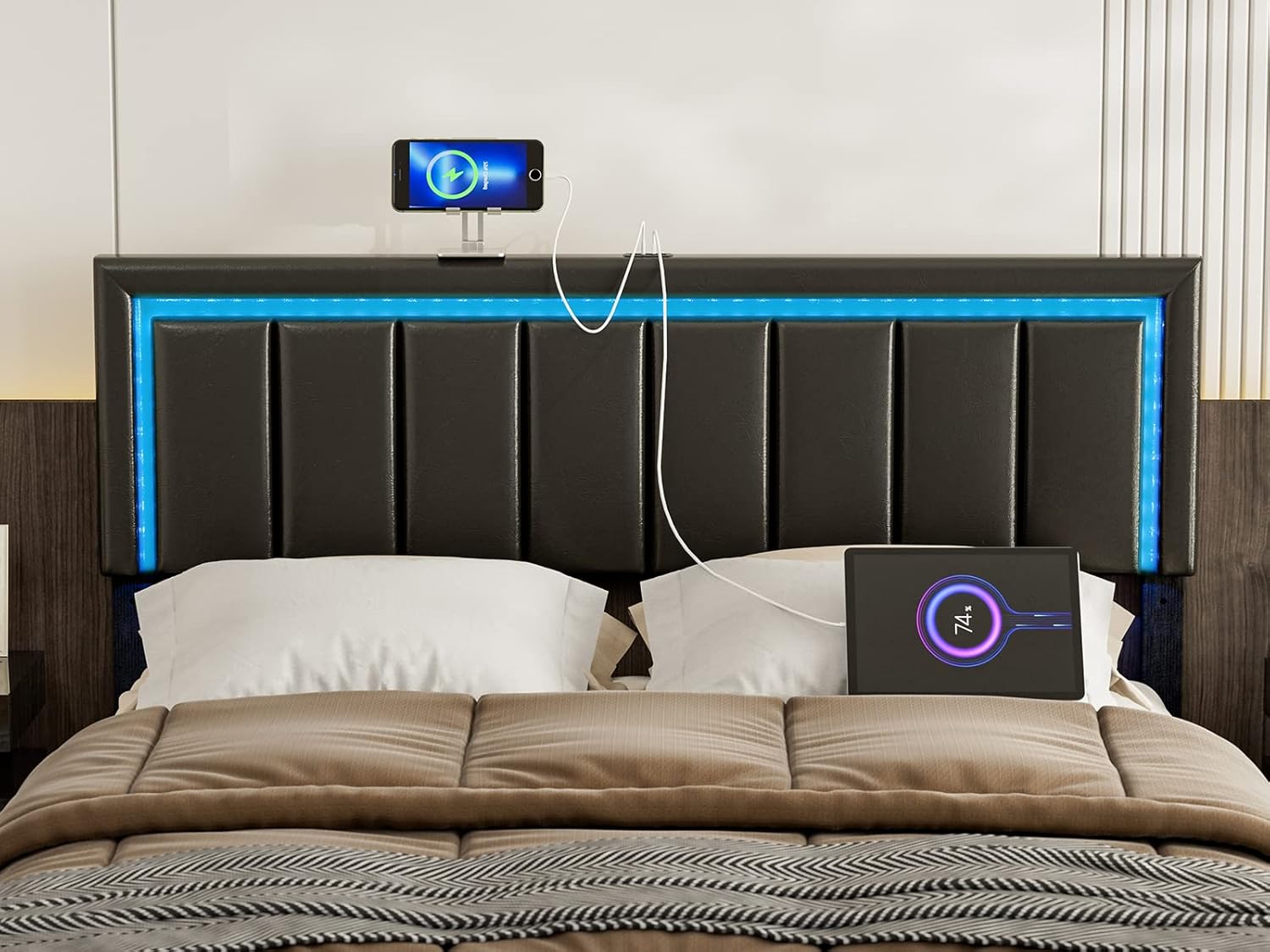 IKIFLY Queen Size LED Headboard with 2 USB Ports