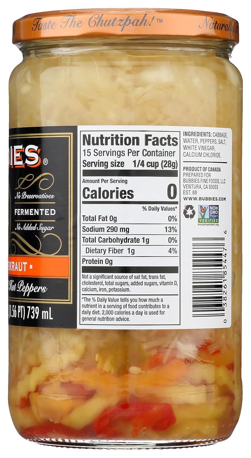 Bubbies Spicy Sauerkraut, 25 fl oz – Pack of 2 – Naturally Fermented, Probiotic-Rich, Gluten-Free, Bold & Tangy Flavor