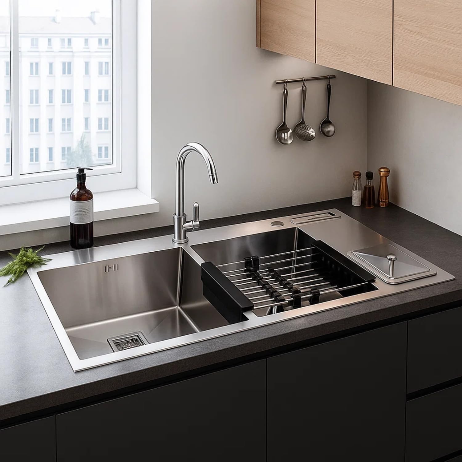 Kitchen Sink 45x20x10 Inch | Handmade Kitchen Sink Double Bowl with Dustbin | 304 Grade Stainless Steel Matt Finish Sink for Kitchen Basin with Waste Pipe Waste Coupling & Steel Basket