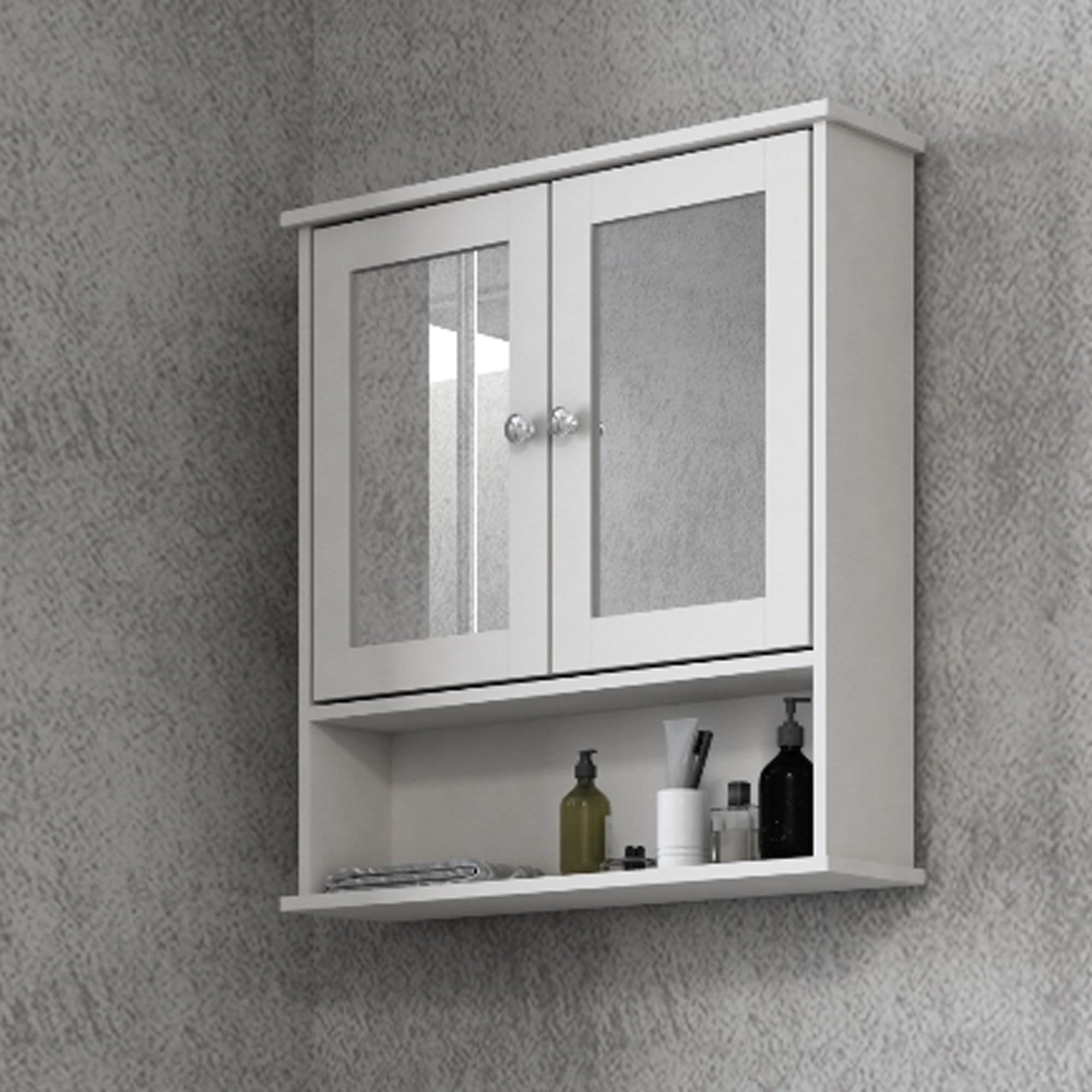 URBNLIVING Bathroom Modern Wall Cabinet With 2 Doors Mirrors Shelves Bath Medicine First Aid Toiletries Wall Mounted Storage Cabinet (White)