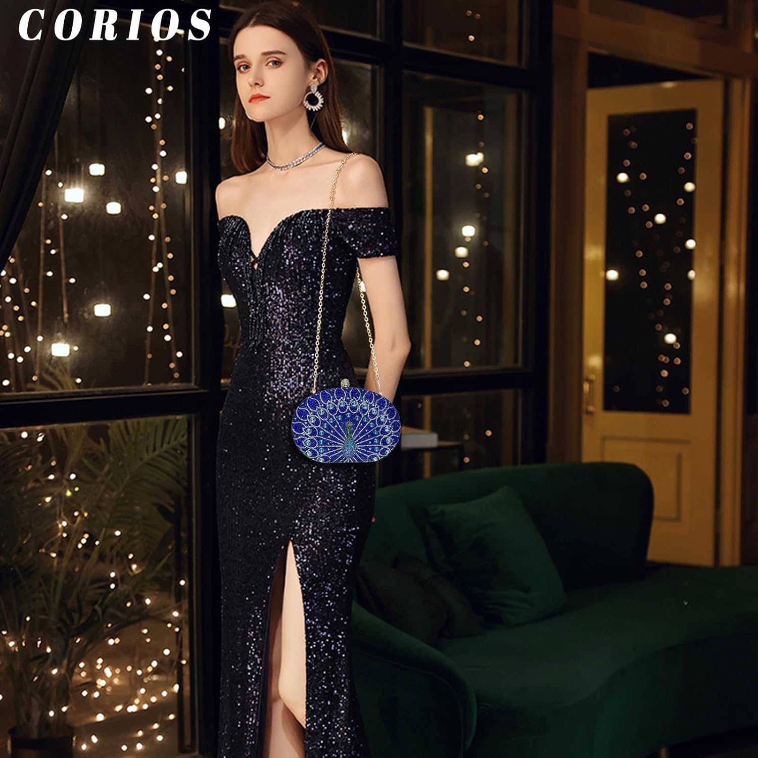 CORIOS Peacock Evening Bag Rhinestone Clutch Bag for Women Sparkly Crystal Handbag Bridal Wedding Purse Elegant Shoulder Bag