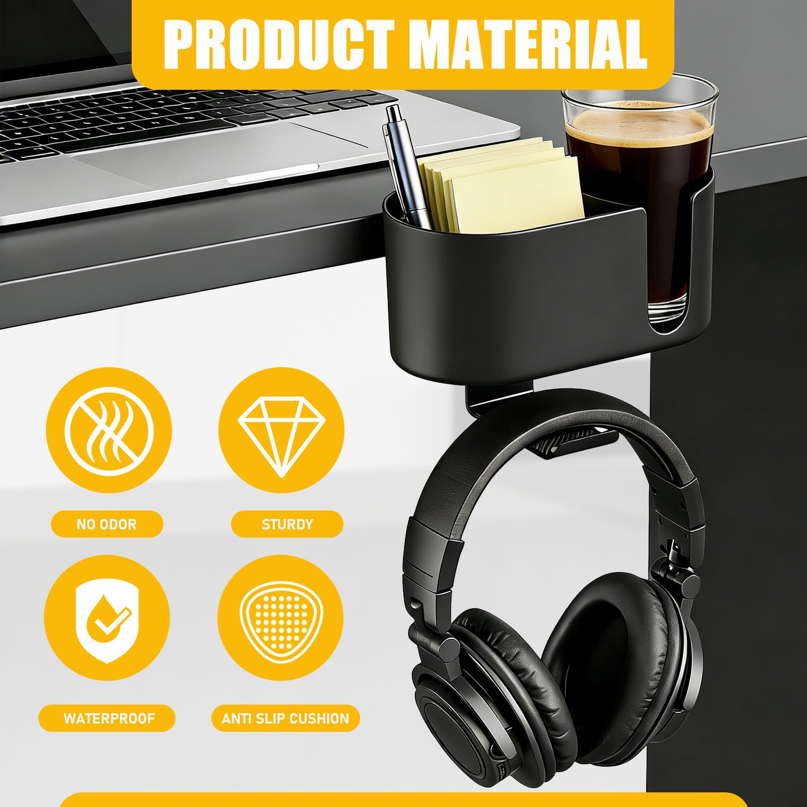Porta Tazza da Scrivania con Gancio Cuffie, Tavolo Supporto di Tazza di Caffè, 4 en 1 Supporto per Tazza da Scrivania Clip, Universali, Adatto per Tazze da Caffè, Mug, Cuffie, Cellulari, Penne
