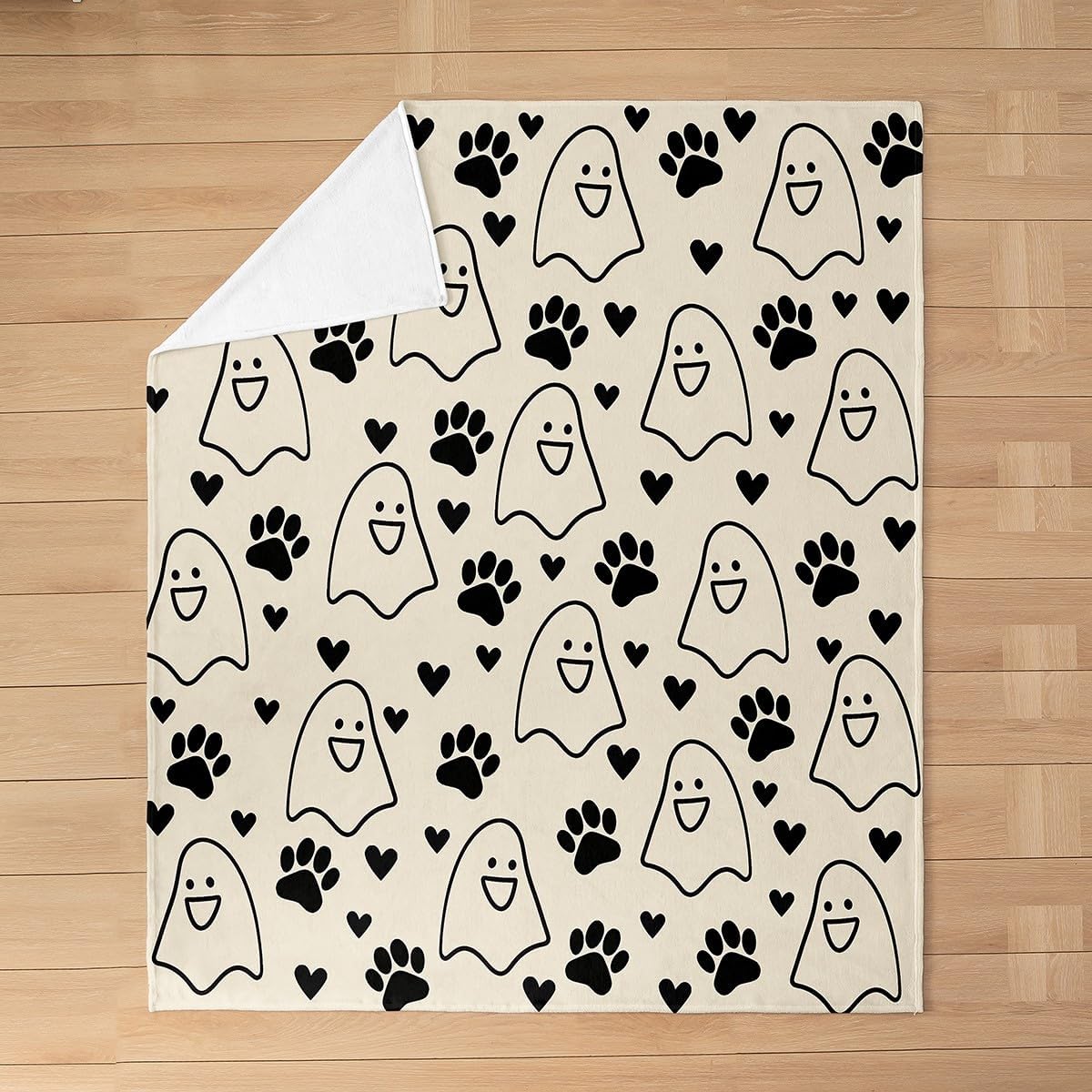 jejeloiu Halloween Theme Fleece Throw Blanket Cute Ghost Flannel Blanket Plush Fuzzy Paw Print for Bed Couch Chair Living Room Love Heart Throw 50"x60" Bedroom Decor