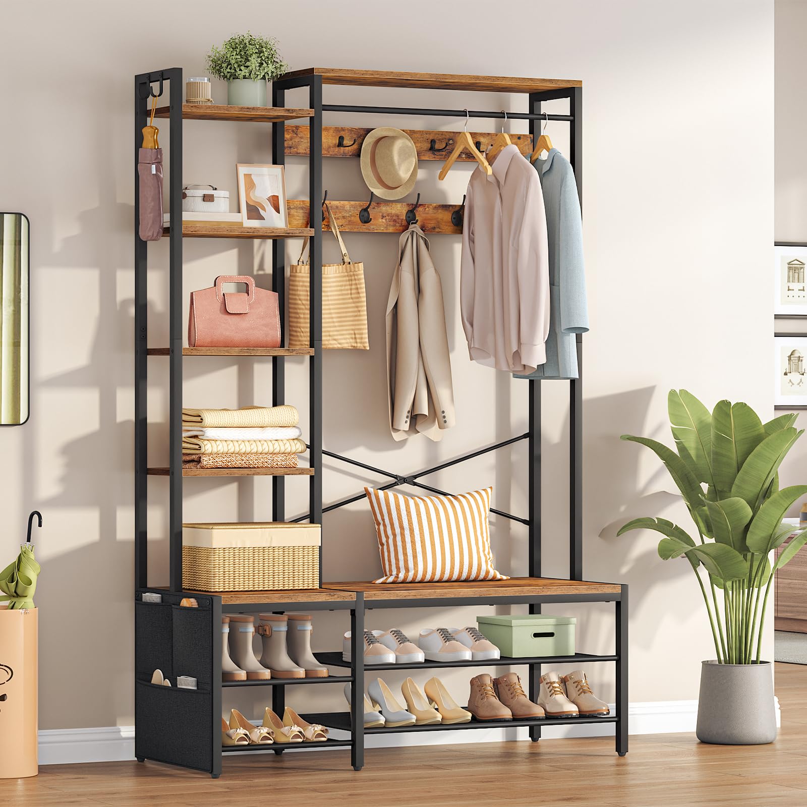 HOOBRO Garderobenständer, Garderobe mit Schuhregal und Sitzbank, 9 Doppelhaken, 2 Seitenhaken, 5 Ablagen und Seitentasche, für Flur, Schlafzimmer, Wohnzimmer
