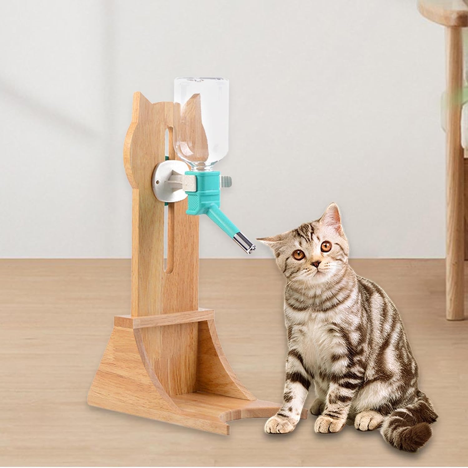 Pet Water Bottle with Bamboo Stand Pet Standing Water Dispenser, Hanging Waterer for Samll Animals, Green Bottle