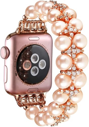 Miniatura 2 de GEMEK Pulsera de perlas compatible con Apple Watch Band 38401.614 in 42441.929 in iWatch Series 987654321, correa de repuesto elástica artificial