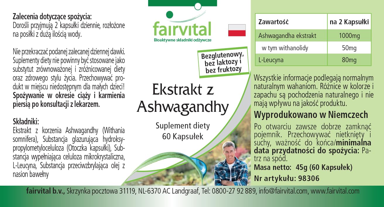 fairvital Gélules d'Ashwagandha, 180 gélules (60 x 3), HAUTEMENT DOSÉES, 1000mg d'extrait d'Ashwagandha 12:1 par dose journalière, 5% de withanolides, VÉGÉTALIENNES, Withania Somnifera