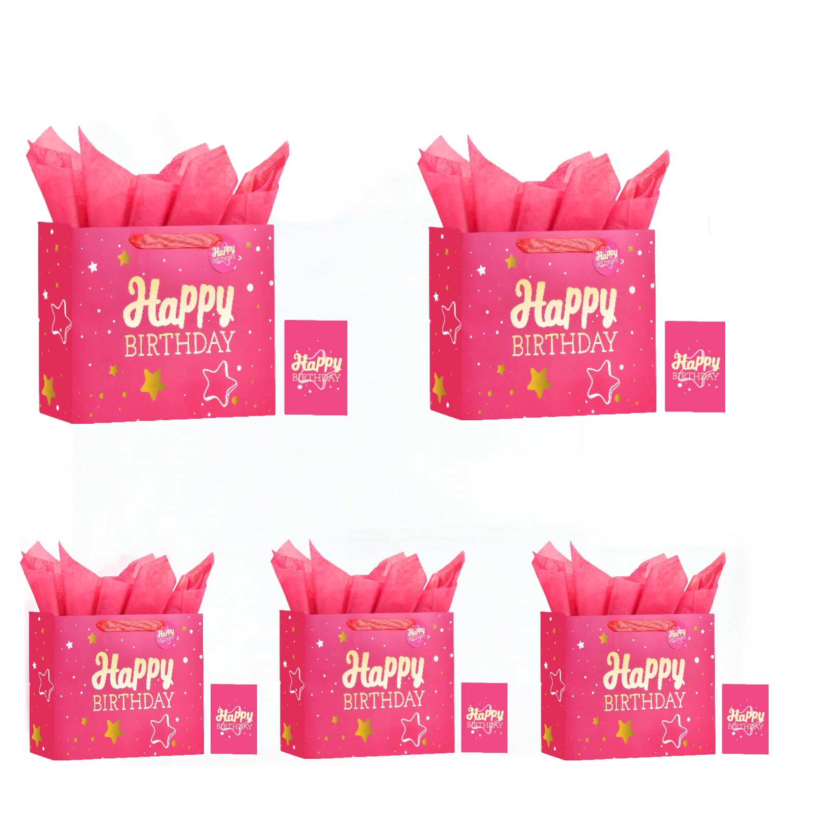 Powbrace 13" Birthday Gift Bag with Tissue Paper &amp; Card(5 Pack Pink Gold)