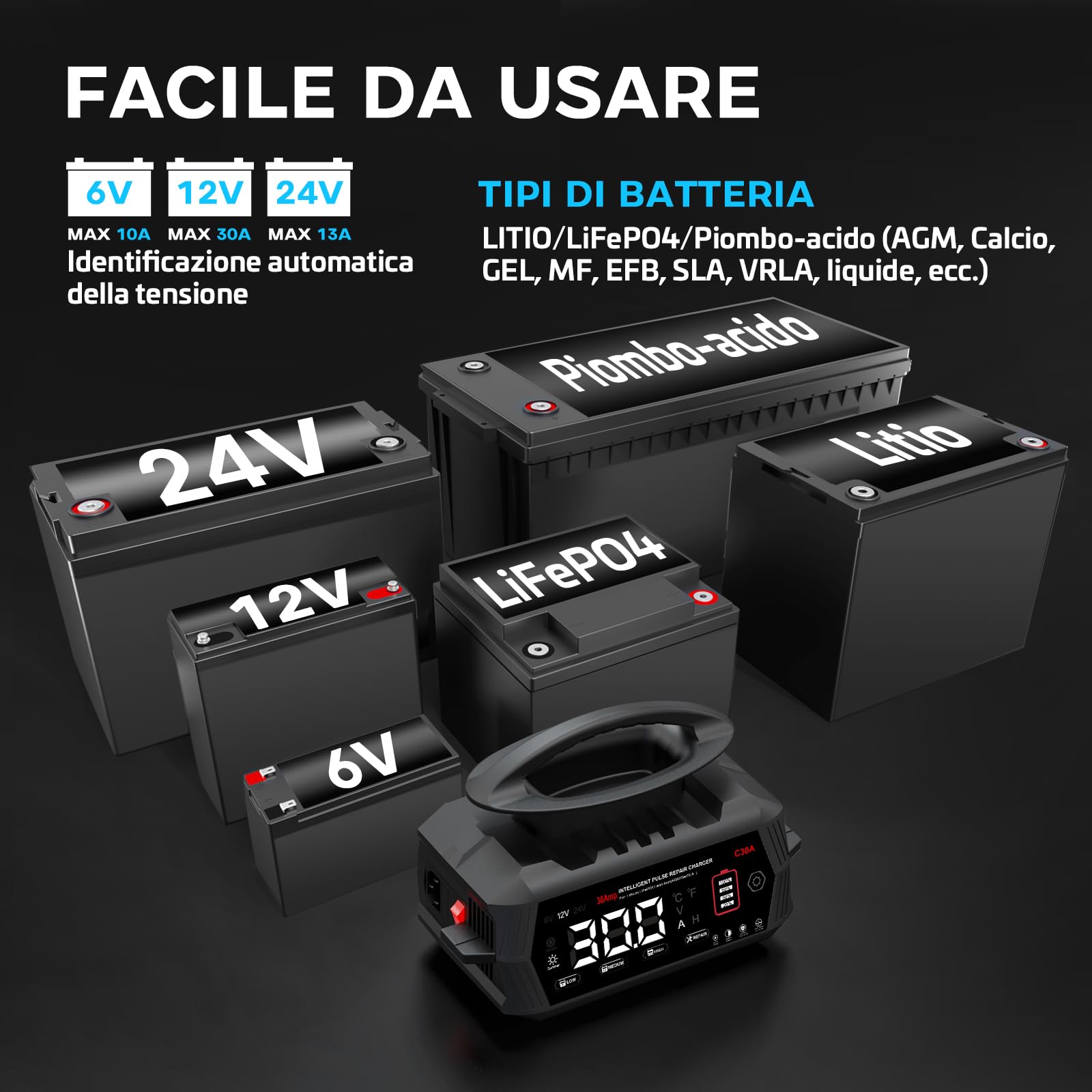 HTRC 30A Carica Batteria per Auto, 6V/12V/24V Caricabatterie Lifepo4, Caricabatterie Auto per Auto con Display LCD, Carica Batteria Auto per Barche SUV Litio LiFePo4 e Piombo Acido(AGM, GEL, WET)