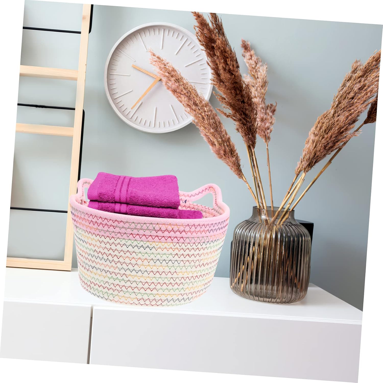 1pcs Woven Storage Basket Handles Elegant Cotton Rope Organizer for Home for Toys Clothes and Accessories Large Cat Ear Design and White