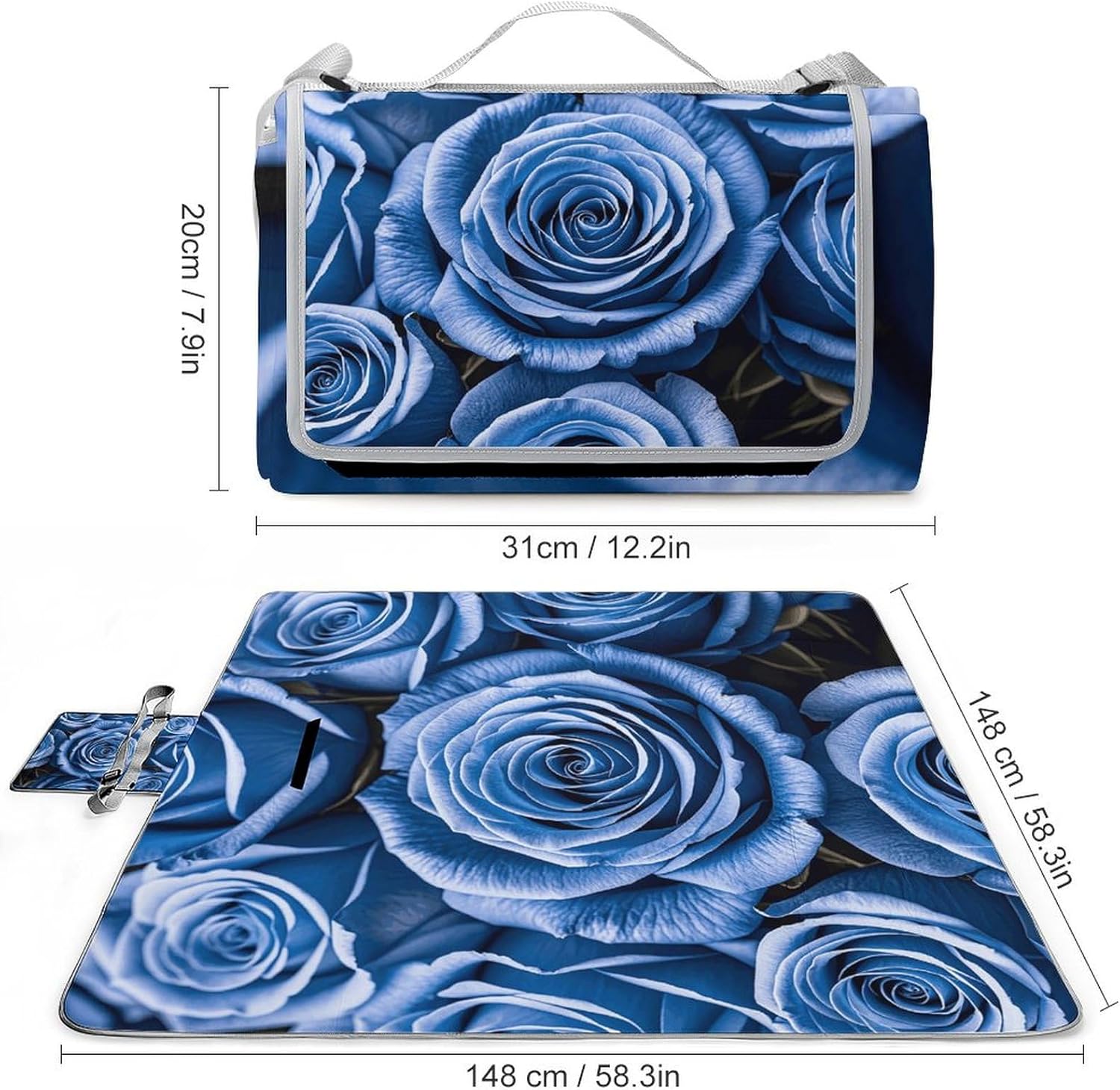 Outdoor Picnic Blanket Extra Large Beach Blanket Waterproof Picnic Mat Blue Flower Pattern Roses Camping Blanket Portable with Carry Strap Park Blanket for Grass Camping Park