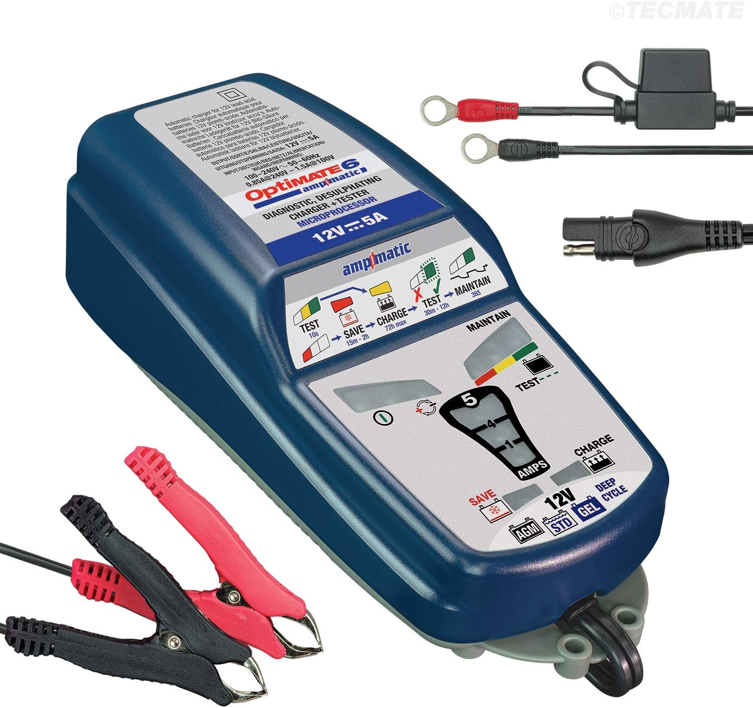Tecmate Optimate 6 Ampmatic, TM-181, 9-Step 12V 5A Sealed Battery Saving Charger & maintainer