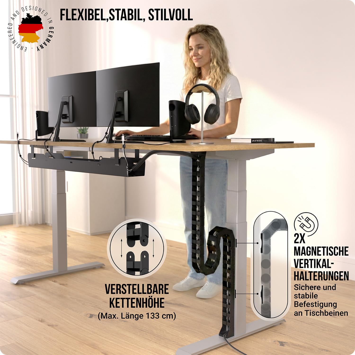 Kabelführung Schreibtisch, Flexibel anbringbare Kabelschlange, Robuste Kabelkette, Flexibler Kabelkanal für ideales Schreibtisch Kabelmanagement und für höhenverstellbare Schreibtische (Schwarz)