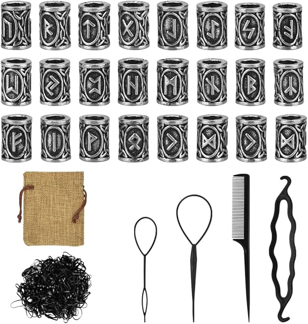 WETARENDA 24 PCS Hair Beard Beads Antique Norse Hair Tube Beads Viking Beard Beads Dreadlocks Beads Rune Beads with Hair Beader Tool Pouch Black Rubber Bands for Jewellery Bracelet Necklace