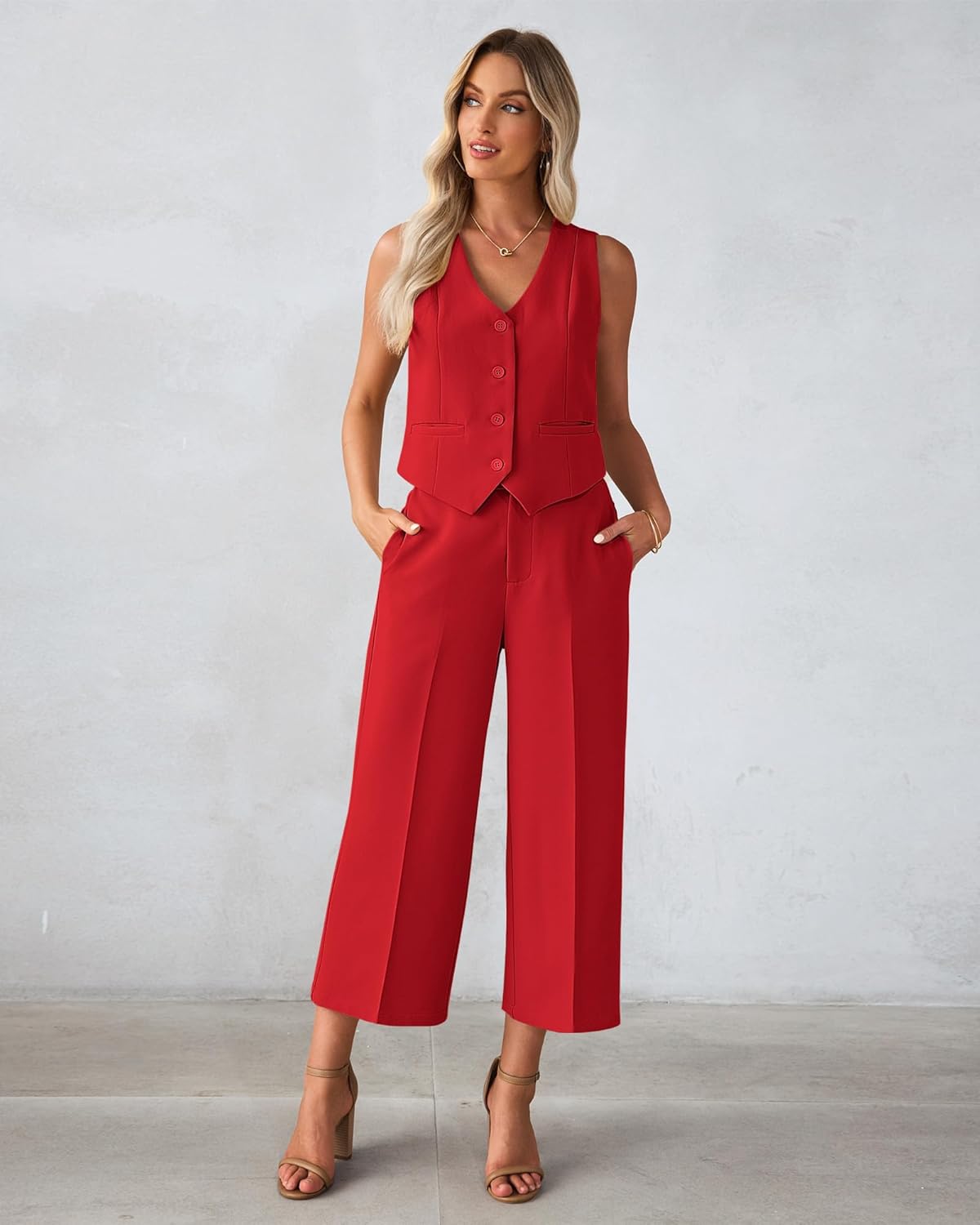 luvamia Pant Suits for Women Dressy Casual 2 Piece Sets Sleeveless Blazer Vest with Wide Leg Capri Pants Work Outfit
