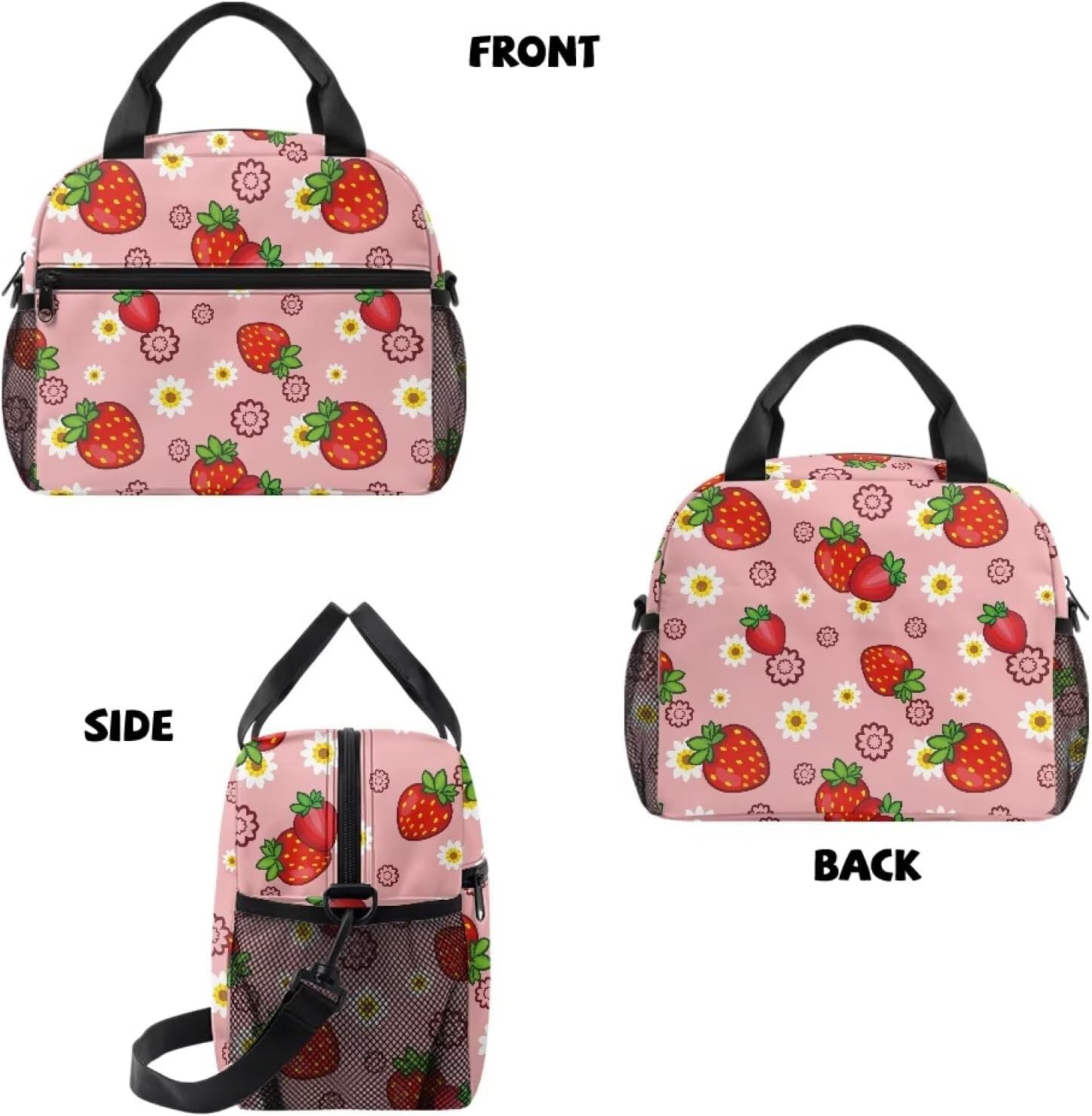WELLFLYHOM Kid Lunch Box,Loncheras Para Niños,Lunchbag with Adjustable Shoulder Strap,Mesh Bottle Holder,School Travel Picnic(Strawberry, Flower, Pink) image 5