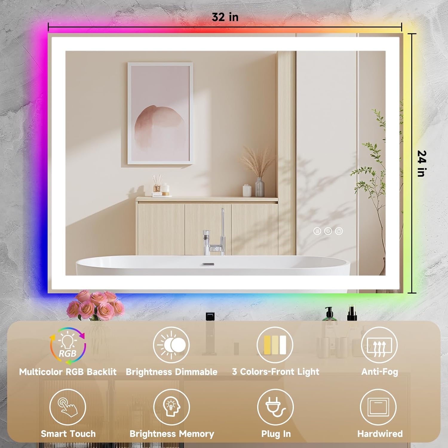 LED Bathroom Mirror with Lights, 32X24 Inches RGB Color Changing Bathroom Mirror, Lighted Vanity Mirrors for Wall, Dimmable, Anti-Fog