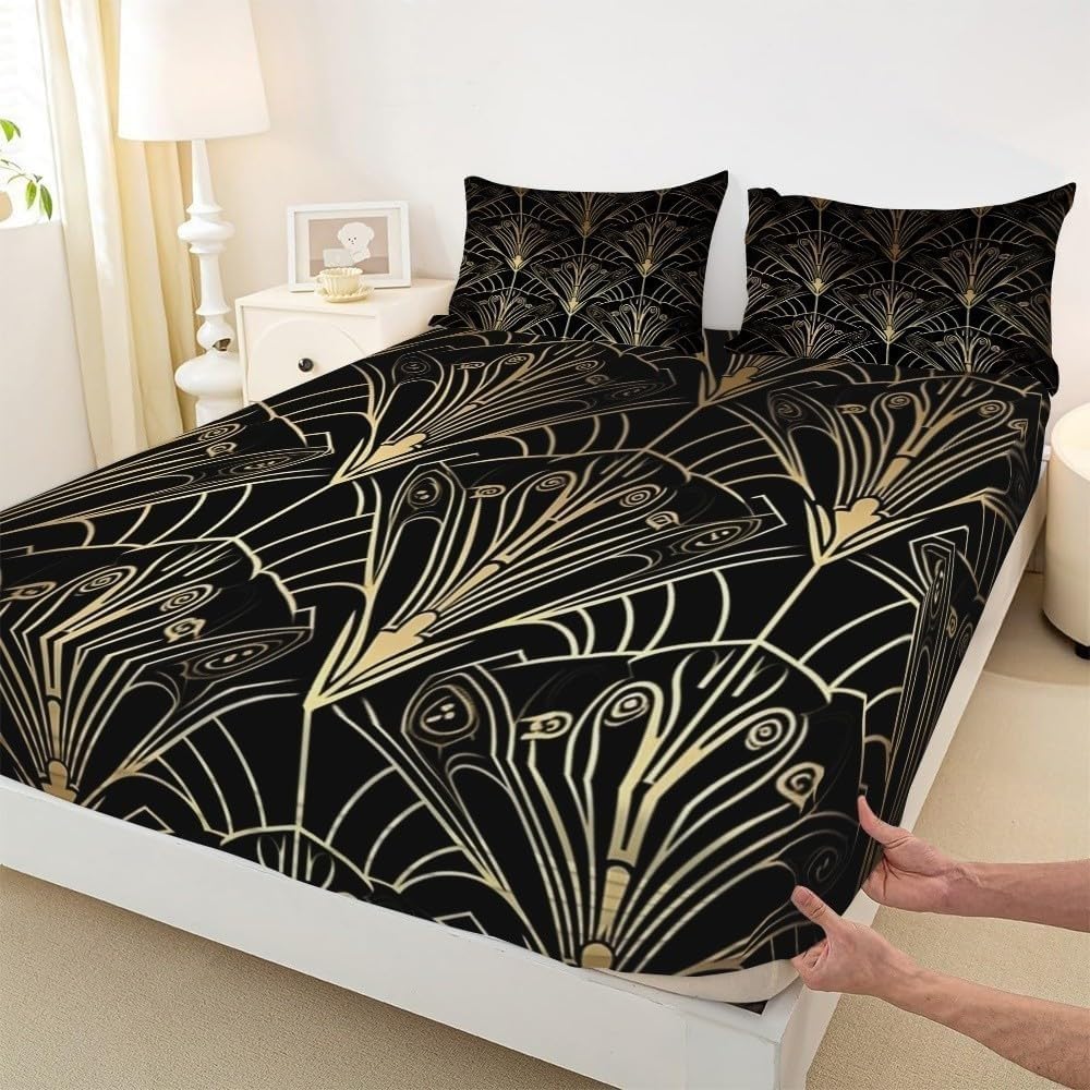 Sabana Bajera 180x200 Estilo ArtíStico Sabanas Bajeras Estampadas Dorado Y Negro Sábana Bajera Ajustable Suaves, Elastico Funda Colchon con 2 Funda Almohada 50x80 cm, para Colchón de 30cm de Altura