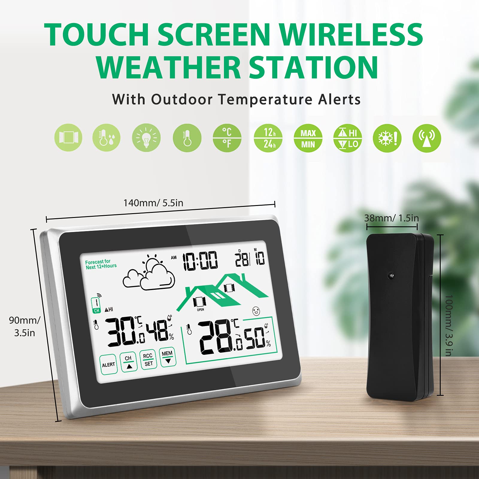 Wetterstation Funk mit Außensensor, Wettervorhersage/Thermometer/Funkwetterstation/Digitaluhr/LCD Touchscreen/DCF Funkuhr für Temperatur und Feuchtigkeitsüberwachung Innen/Außen
