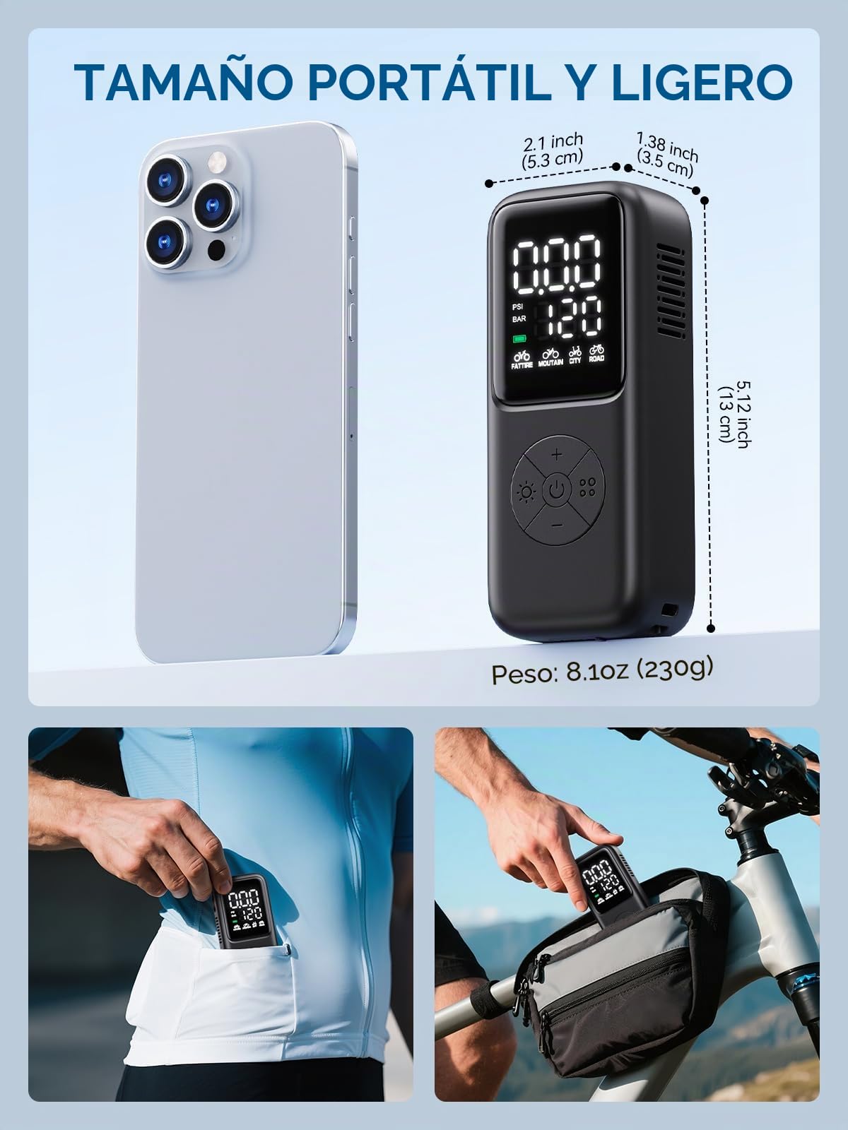 GPUTEK Mini Bomba Eléctrica de Bicicleta, 120 PSI con manómetro y 5 Modos preestablecidos para Schrader y Presta Valve Bike Pump para Carretera, montaña, Bicicleta de Ciudad y neumáticos de Grasa