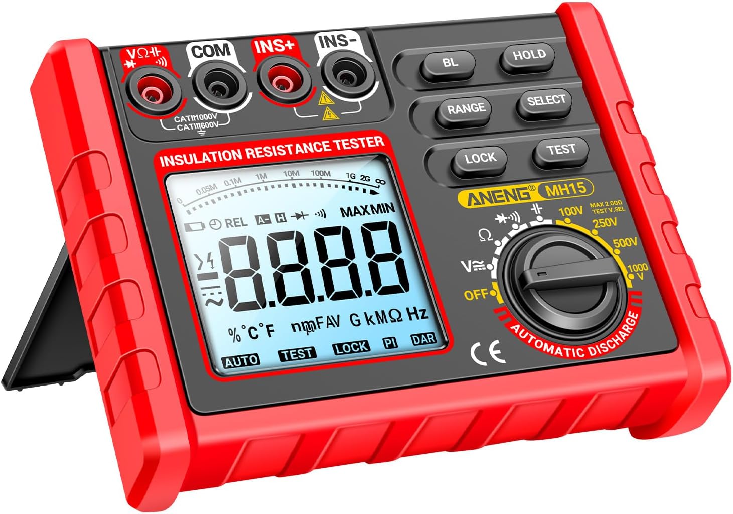 Irfora Insulation Resistance Tester 6000 Counts 0.1M Ω~2000M Ω DC/AC Vole Diode Tester with LCD Display 4 Test Vole Optional 100V 250V 500V 1000V Data Hold for Measuring