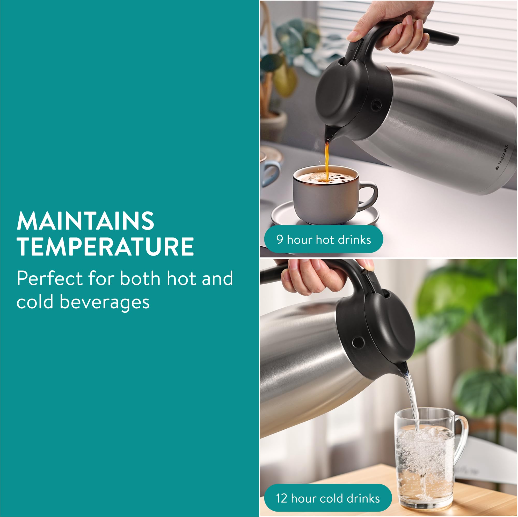 Navaris Jarra térmica de Acero Inoxidable de 2 L - Tetera con Aislamiento al vacío - Termo de té y café para Catering - Bebidas frías Calientes