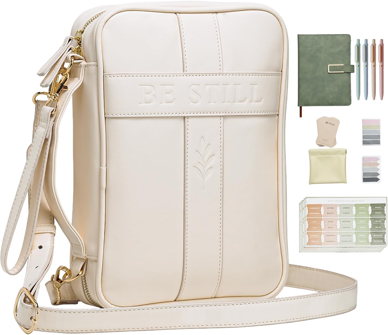 Bible Cover Case for Women, Vegan Leather Bible Carrying Case with Strap and Zipper, Bible Study Kit with Journal, Pens, Tabs and Sticky Notes, Large Bible Bag for Church, Ideal Gift (Beige)