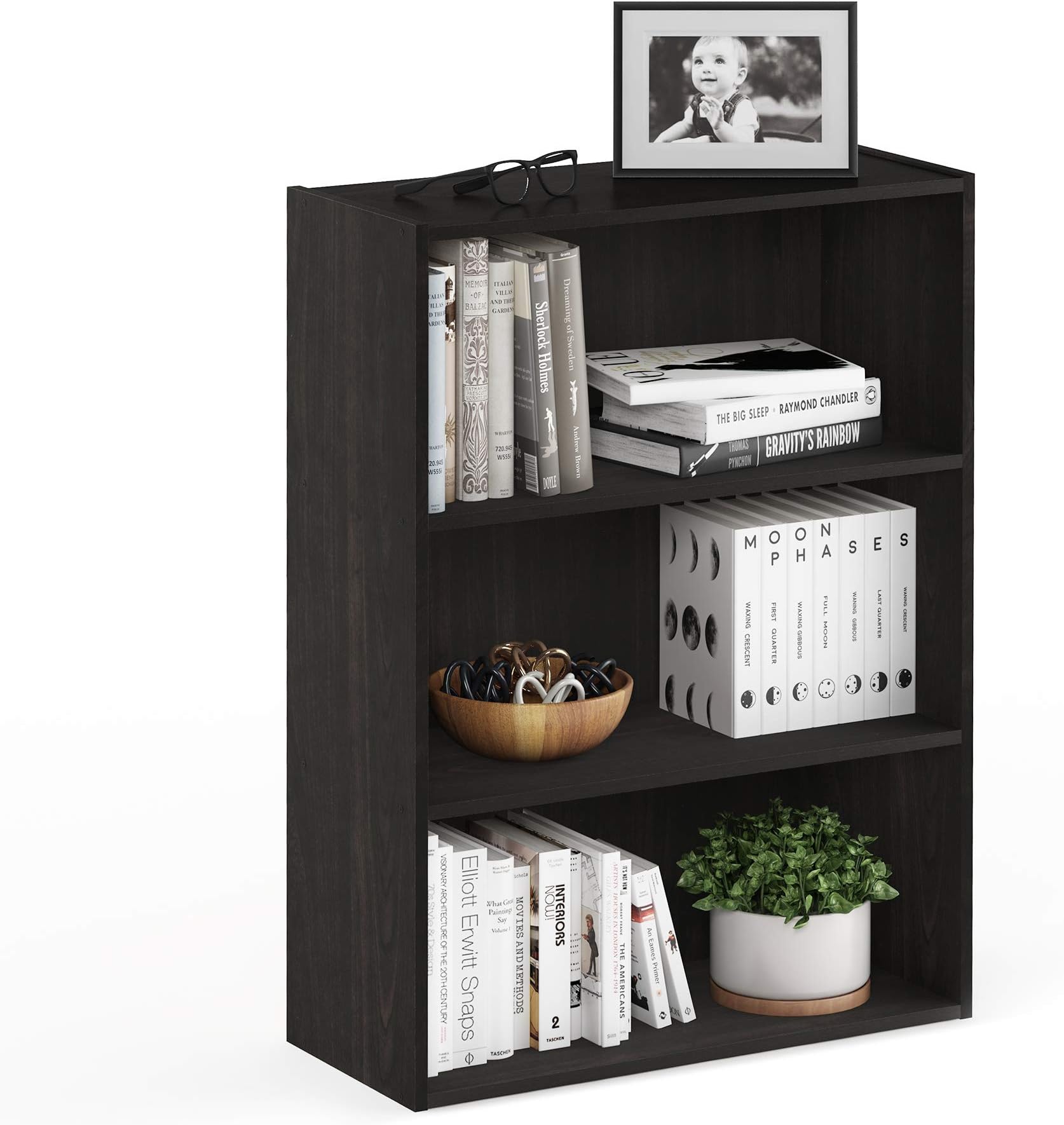 Furinno PASIR Book Shelf, 3-Tier Bookshelf, Storage Shelves Bookcase, 9.7 x 23.7 x 31.5, for Living Room, Bedroom, Home Office, Espresso