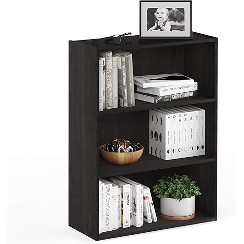 Furinno PASIR Book Shelf, 3-Tier Bookshelf, Storage Shelves Bookcase, 9.7 x 23.7 x 31.5, for Living Room, Bedroom, Home Office, Espresso