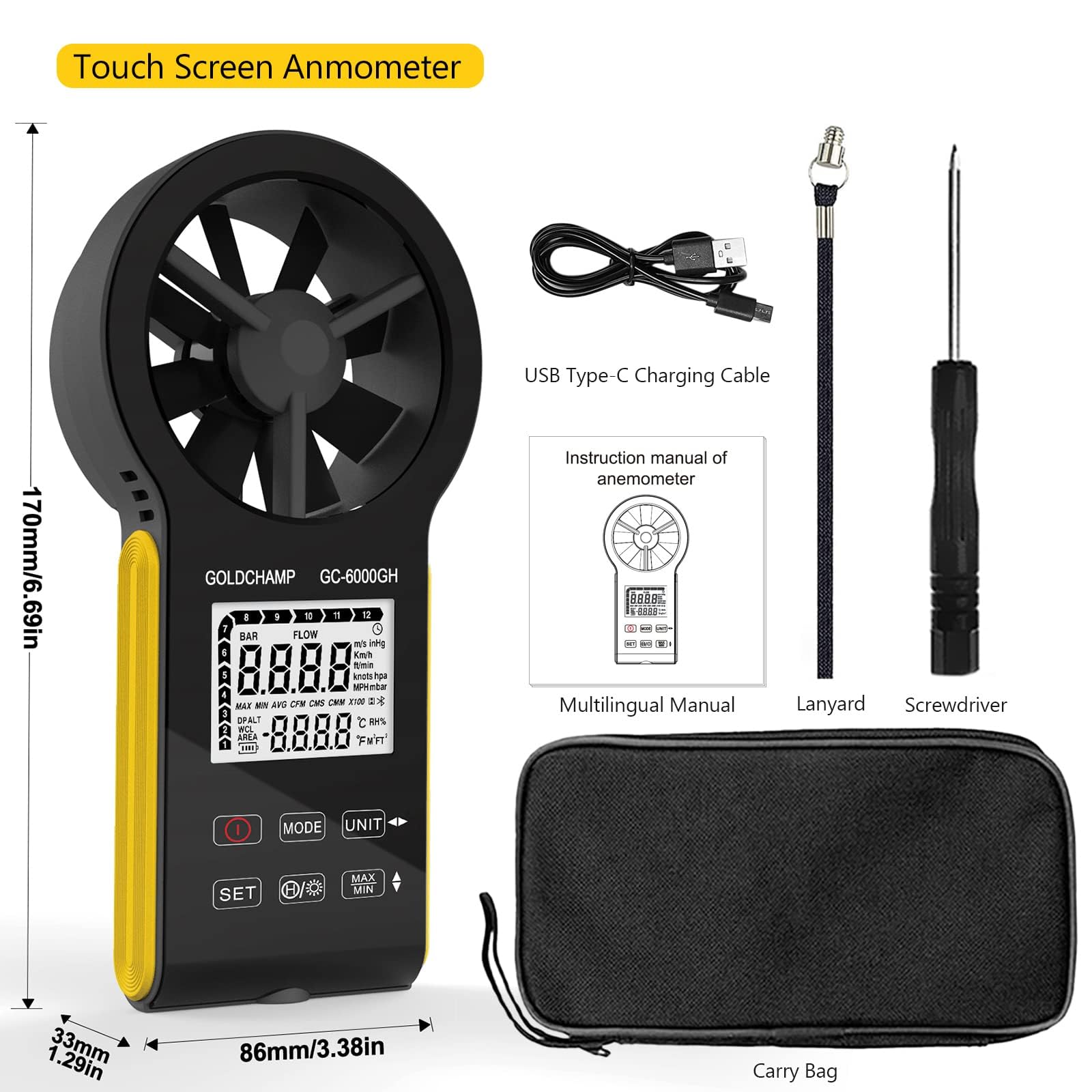 Anemometro digitale, CFM, ricaricabile e impermeabile, misura la velocità del vento (0,3 ~ 30 m/s), volume d'aria (0-999900 ft3/min), touch screen, display retroilluminato per HVAC, tiro