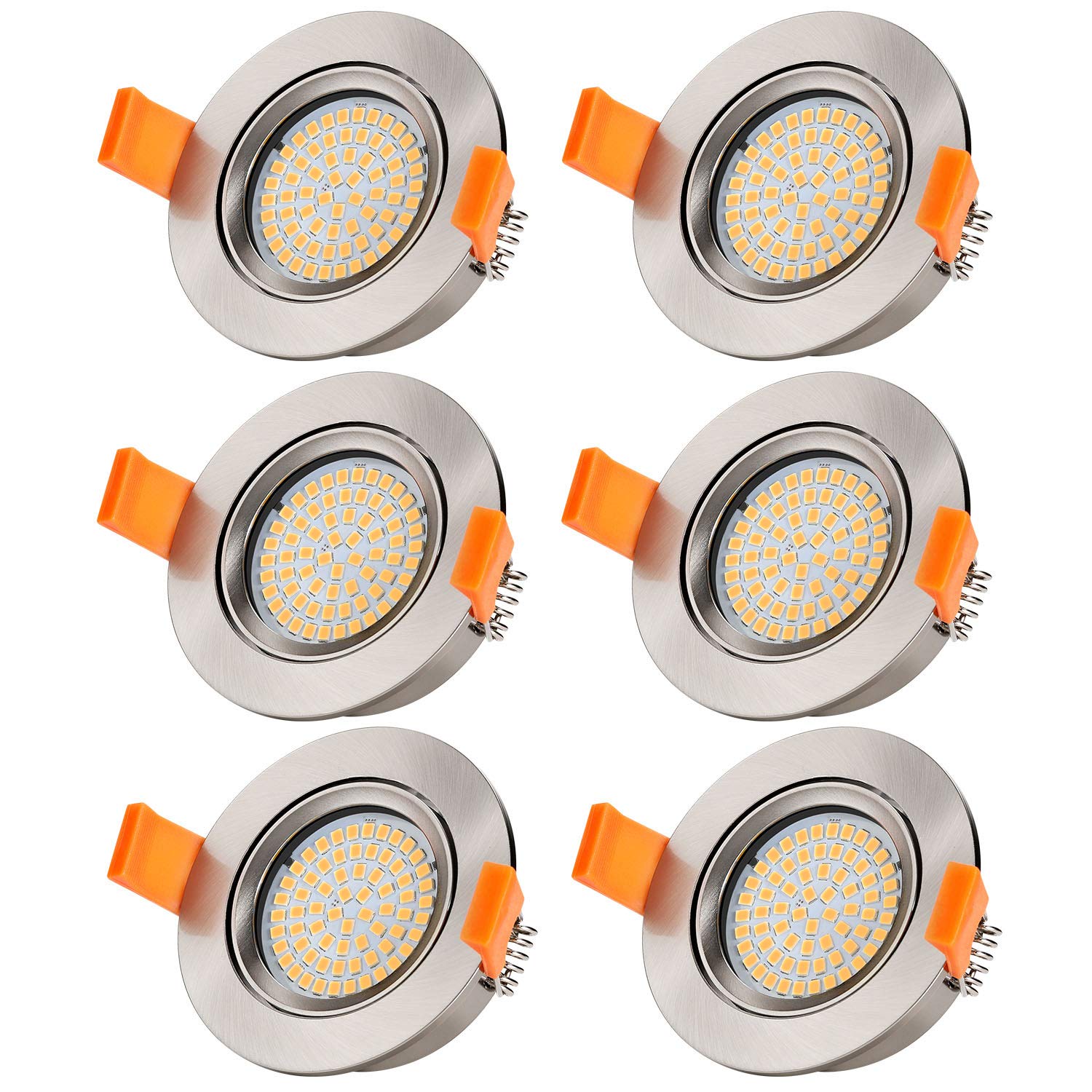 LABOREDUCERLED Downlights, IP44 Recessed Spotlights Ceiling Light, 5W 3000K Warm White, Swivel Downlights, No Transformer Needed, for Bathroom, Living Room, Kitchen, Brushed Nickel 6 Pack