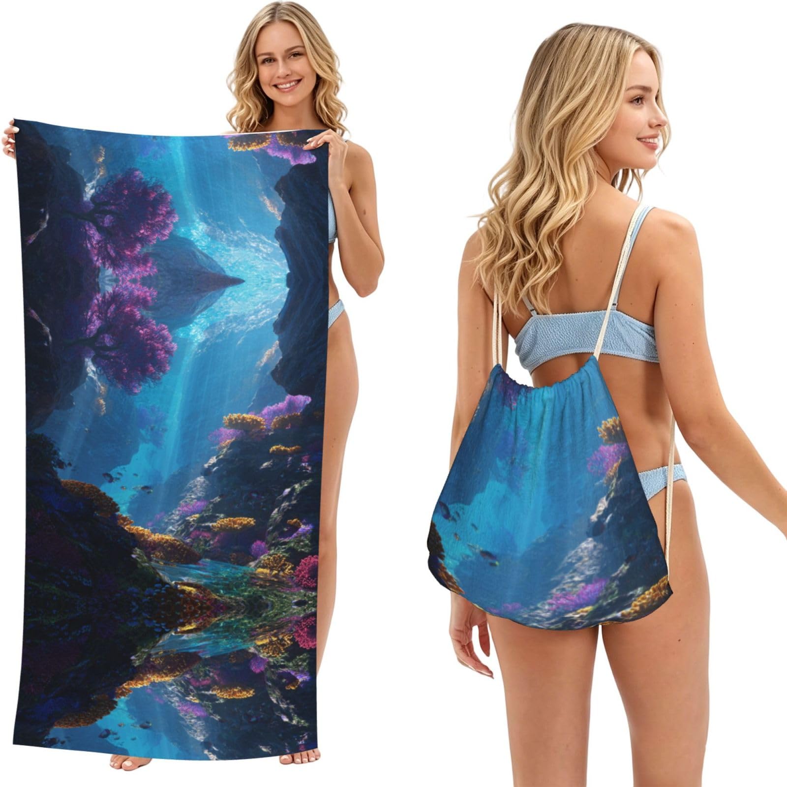 ESNAIUVCD Reef Scenery Print Beach Towel For Adults,Towel With Drawstring Bag, Travel Pool Swimming Sports Shower Sand Free Quick Dry Bath Towel For Pool, Beach, Yoga- 180x60cm