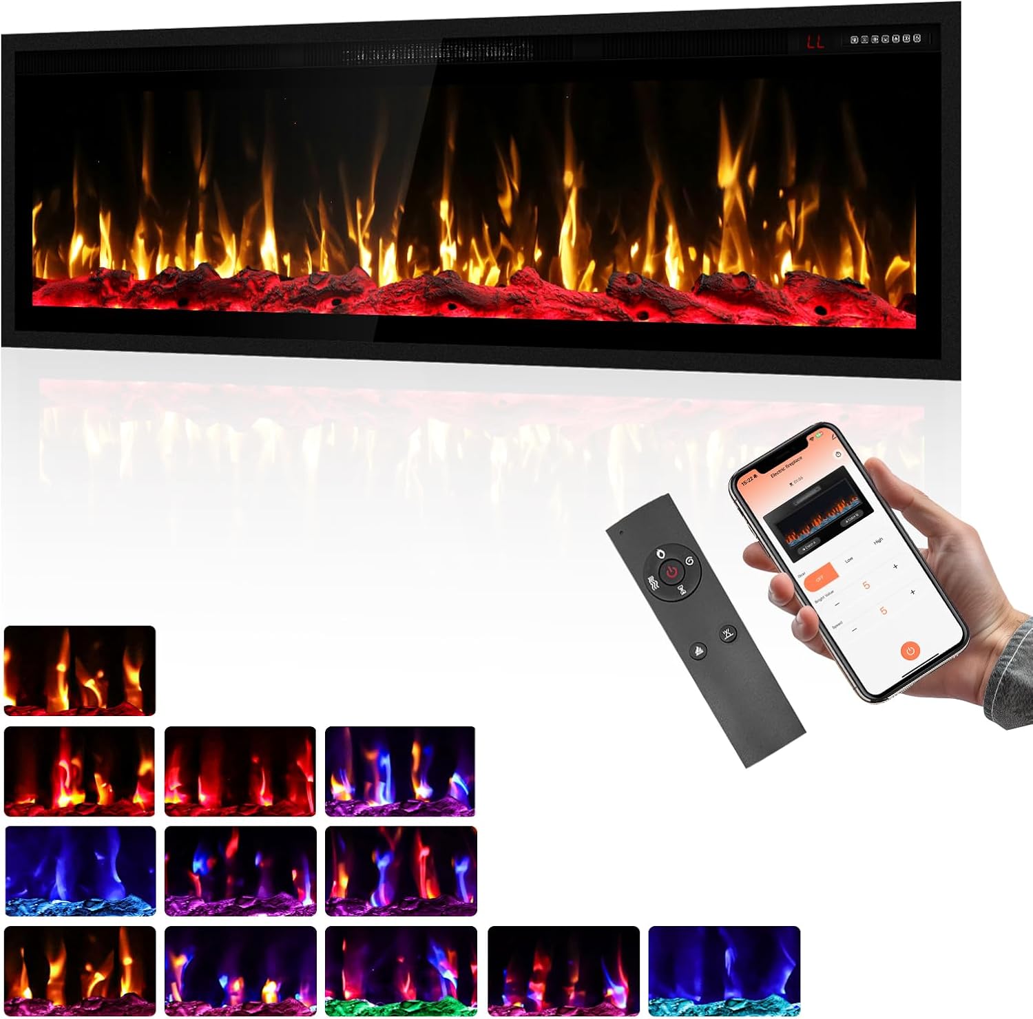 BREEZEHEAT Electric Fireplace 50''-Smart WiFi Fireplace Heater Recessed Wall Mounted, Remote Control, Touch Screen, 750W/1500W, 8H Timer for Living Room, Bedroom, Office