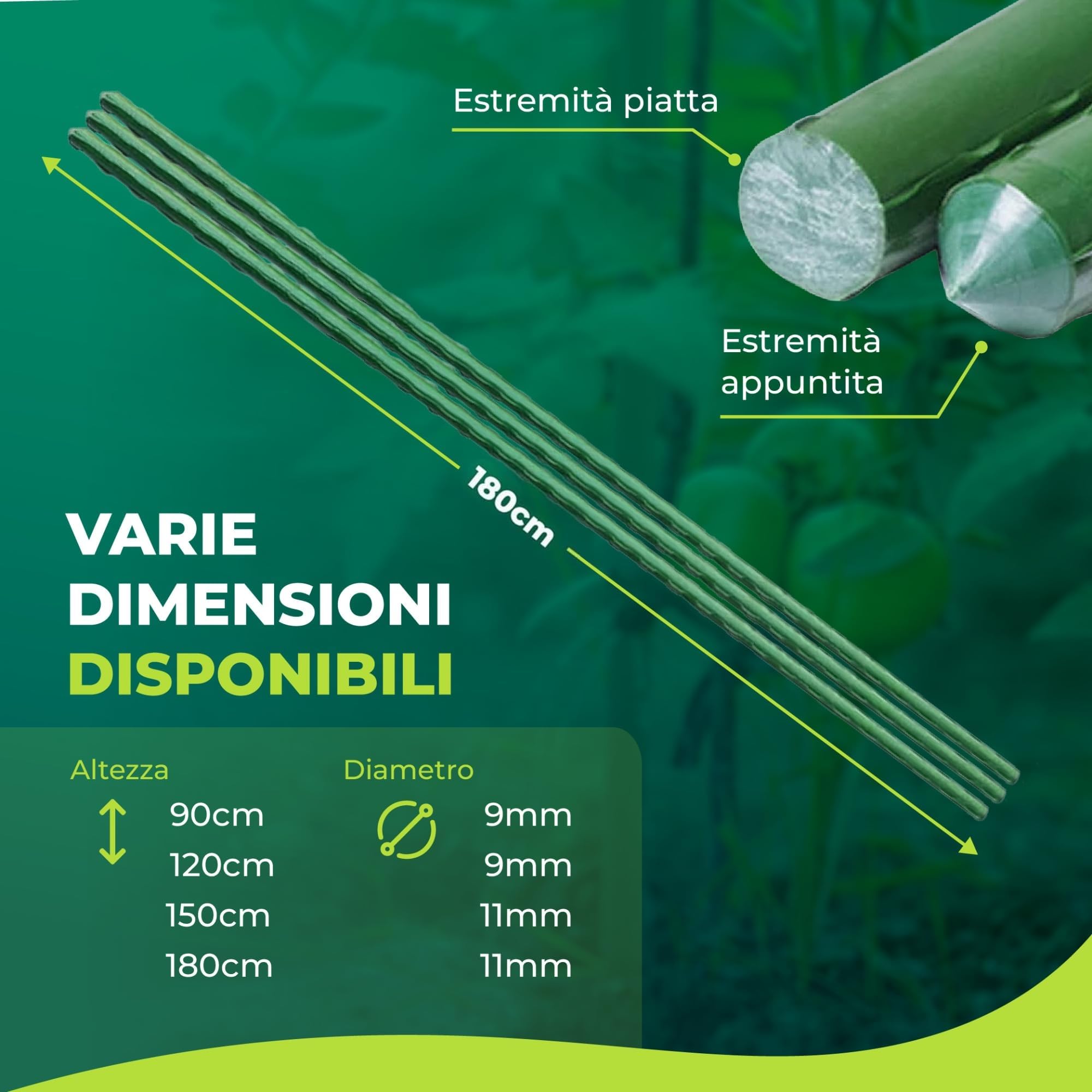 Control Garden - Confezione da 30 tutori in acciaio plastificato per piante, altezza 180 cm, diametro 10 mm, aste per la crescita delle piante, adatto per interni ed esterni
