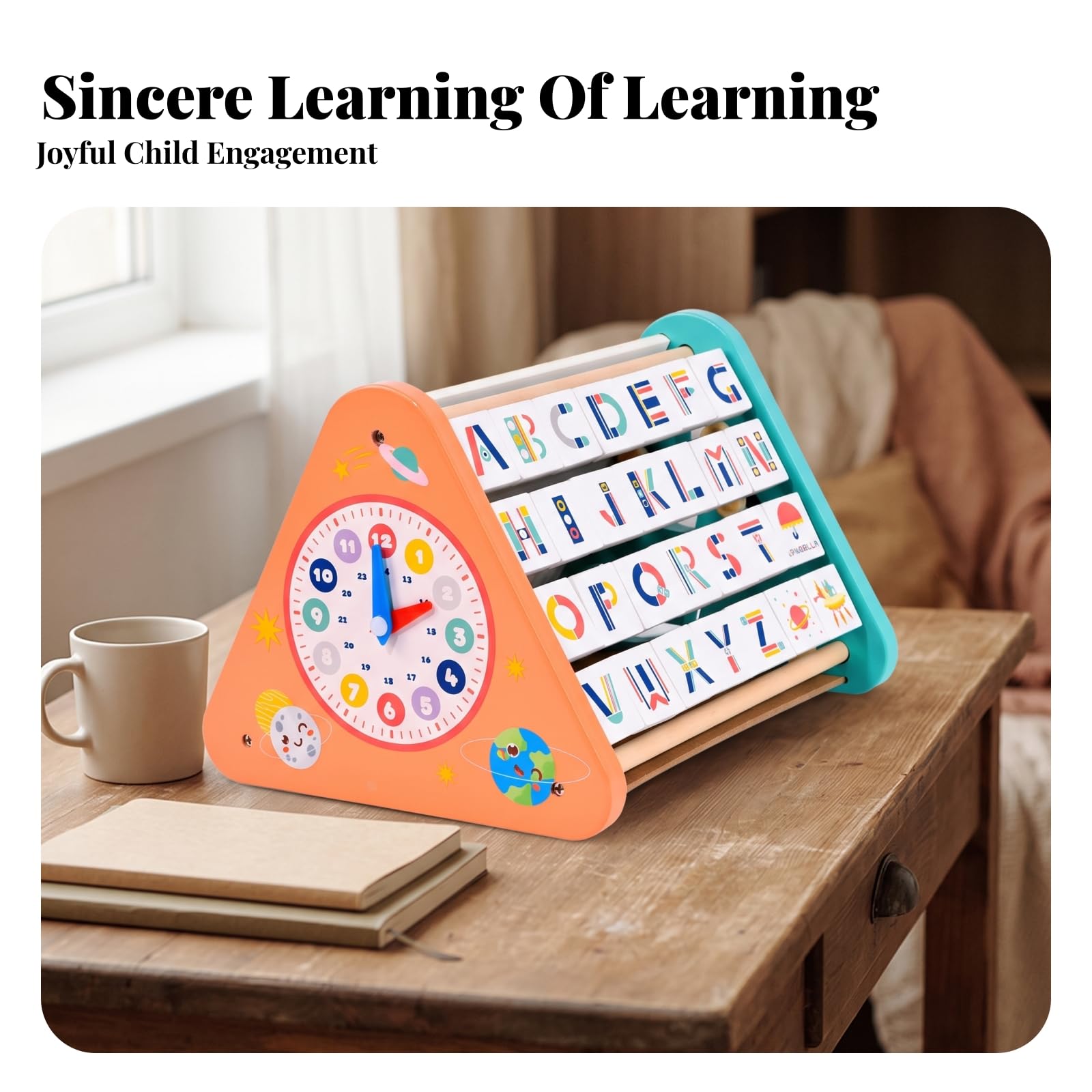 Lernuhr Kinder Lernbrett Uhr Spielbrett Lernboard Holztafel mit Drehzeigern Letter Tiles Und Stiftablage aus Holz für Zahlenverständnis Buchstaben für Kinderzimmer Größe24cm