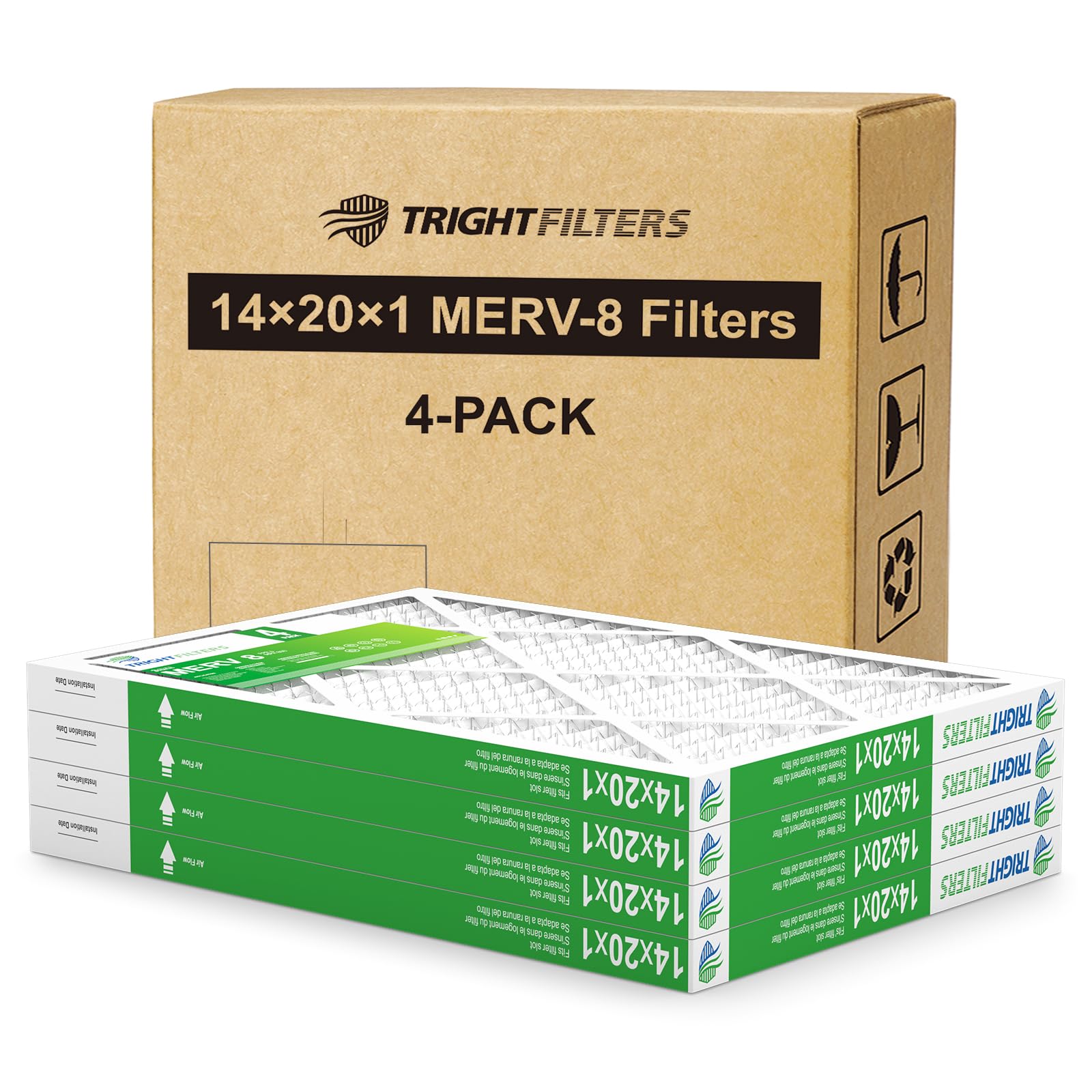 TRIGHTFILTERS Filtros de Aire Plisados MERV 8 para Aire Acondicionado, Calefacción y Ventilación, 4 Unidades, 14 x 20 x 1 Pulgadas