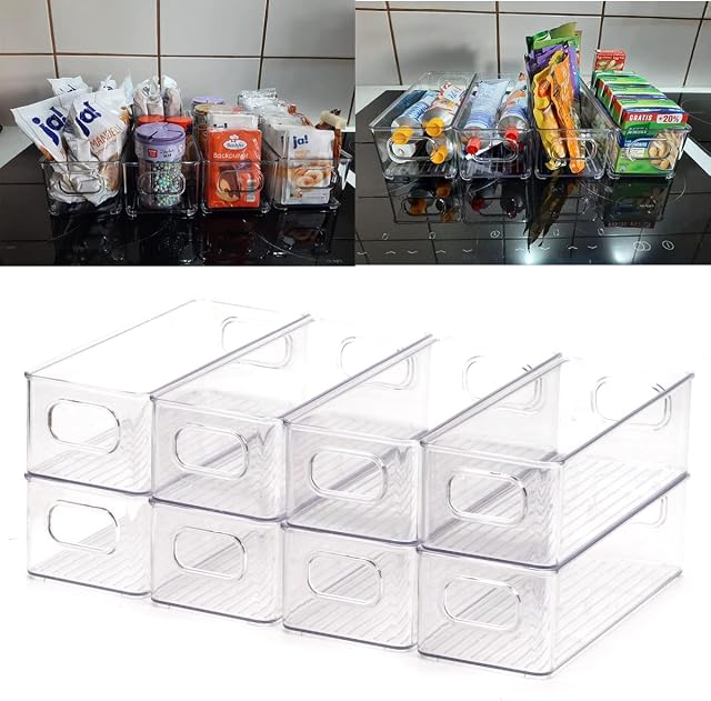AyeVision 8 Pieces Fridge Organiser Storage Box Stackable Storage Bin with Handles Organizer Box Storage Containers Tray for Refrigerator Freezer Pantry Cupboard Cabinets