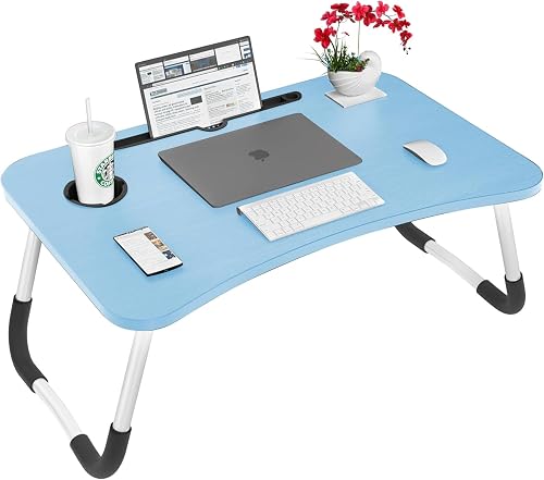 Gald Laptop Stand with Cup Holder, Portable Wooden Folding Tray, Height Adjustable Desk for Home Office, Eating, Study & Reading, Ideal Bed Tray & Lap Desk & Laptop Bed Table (Blue2, Small)