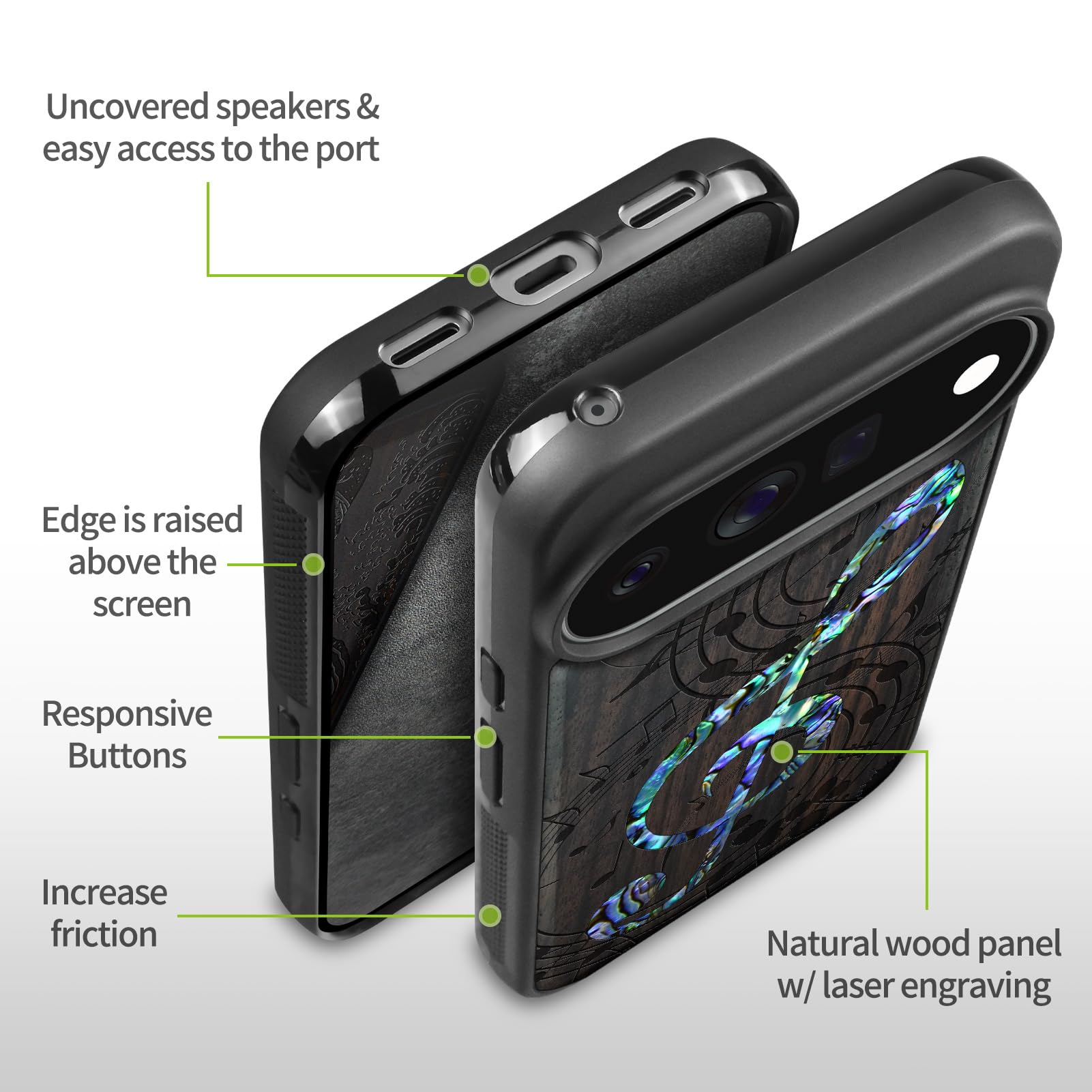 Carveit Madera Funda para Pixel 11 Pro XL (Oscura-Nota Musical) | Compatible con MagSafe [Grabado en madera e incrustación de mejillones] Magnética Cover para Google Pixel 11 Pro XL Carcasa