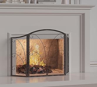 Kingson 3-Panel Arched Childproof Fireplace Screen Decorative, Handcrafted Scroll Wrought Iron Fireplace Spark Guard Cover- Brushed Copper