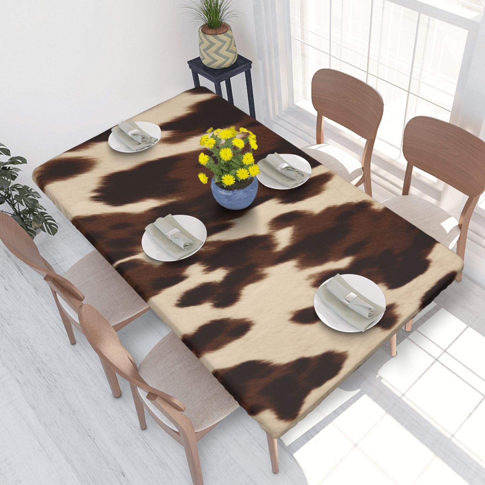 DCARSETCV Cow Print Printed 4FT Waterproof Tablecloth with Elastic Edged Protect & Decor Your Table, Oil-proof Washable Table Cloth Cover for Dinner Picnic Party