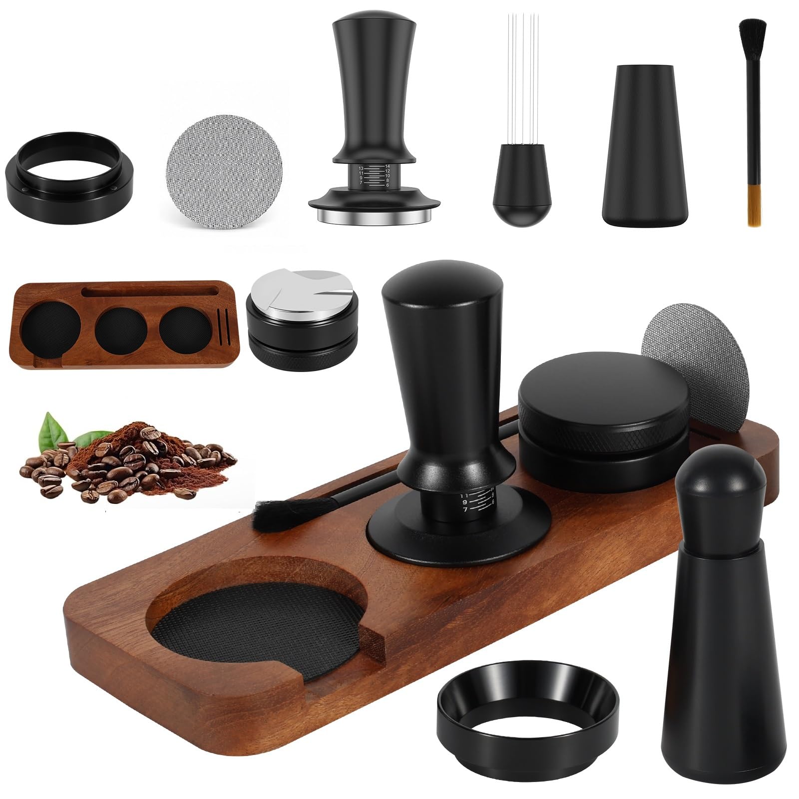 Juego de prenso, 51 mm, con aguja de espresso, prensador de café con distribuidor, anillo dosificador de 51 mm, agujas para agitador de café, pantalla de puck, estación de tamper, cepillo de