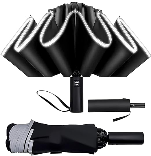 VRPRIME Folding Umbrella for Man with Safety Night Reflective Strip | Automatic Open and close Travel Compact Fast Drying Chatri | 3 Fold 10 Ribs Inverted Waterproof Rainproof Windproof for Men(Black)