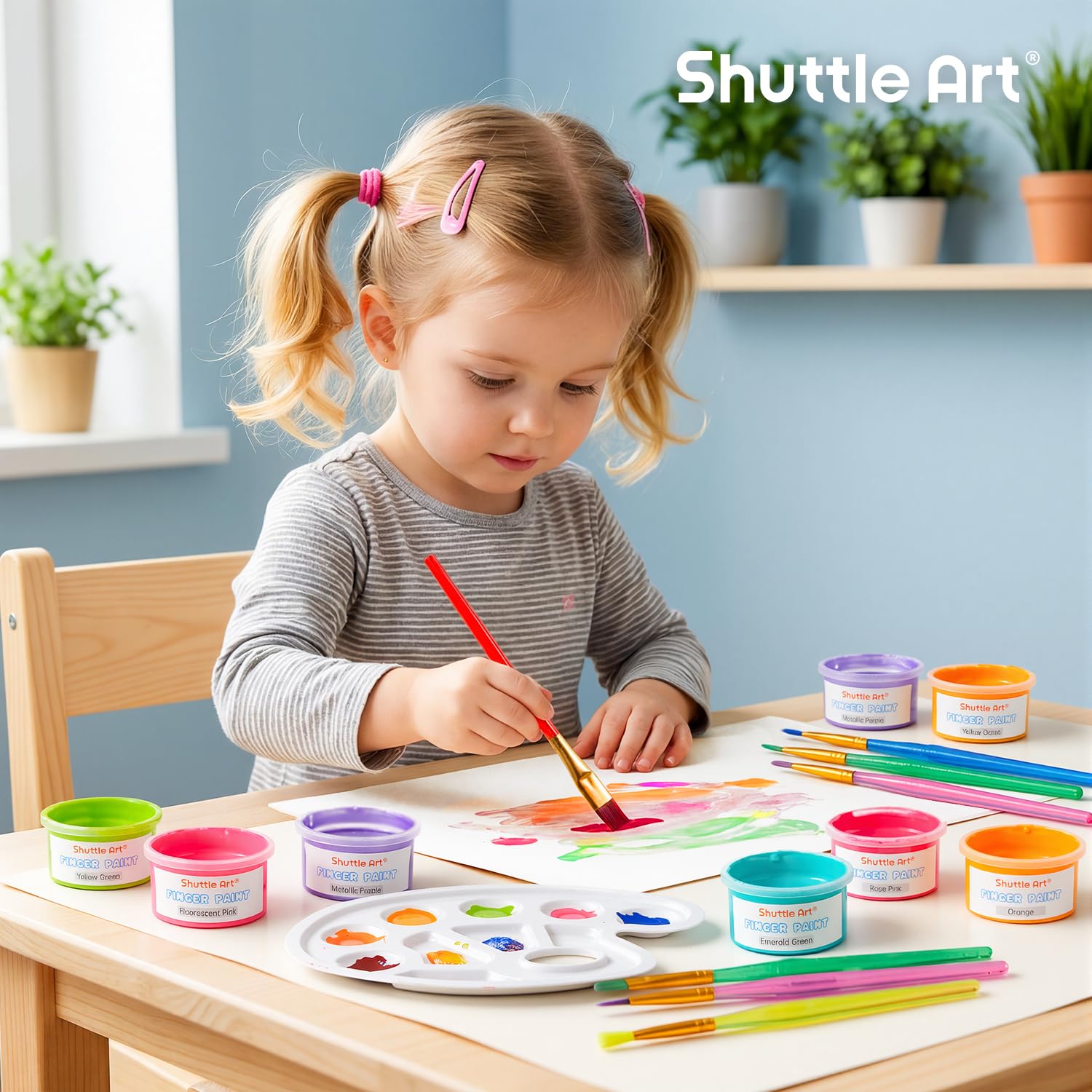 Shuttle Art Peinture au Doigt Enfant Lavable, 44PCS Kit Peinture Enfant 36 Couleurs(30ml) Peinture à Doigt pour Enfants Bas Âge, Pinceaux, Bloc, Palette, Peinture Bébé Non Toxique pour Jouets Dessin