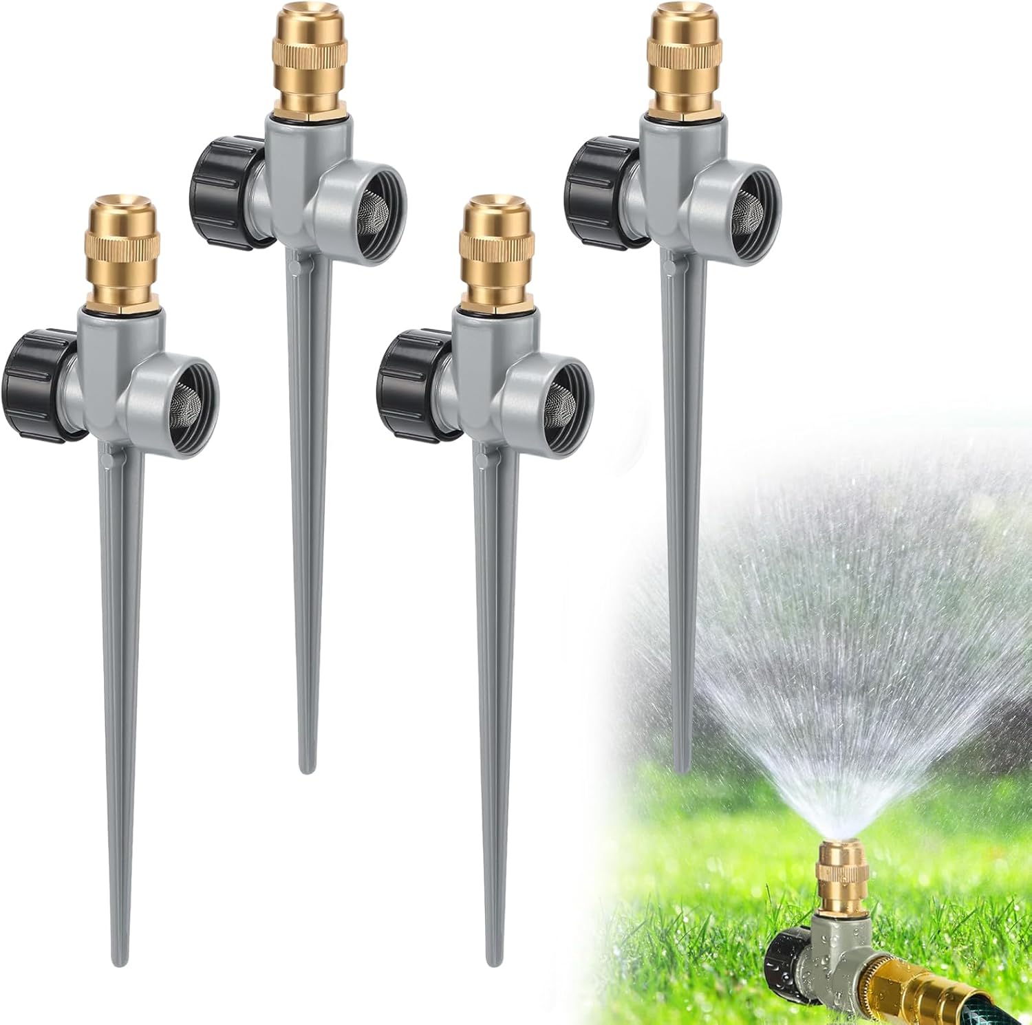 4 Pack Metal Lawn Sprinklers for Yard - 360° Coverage Water Sprinklers, Adjustable Brass Nozzle with Aluminum Alloy Spike Base for Medium Garden Irrigation