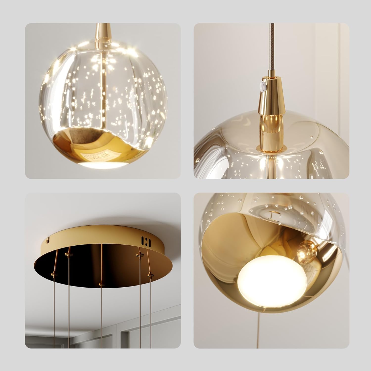 5-Light Modern Gold Glass Globe Chandelier, Hanging Cluster Pendant Light Kitchen Island & Foyer Chandelier, Warm White 3000K, Brushed Gold Pendant Lights Cluster, Ø 11.03 in