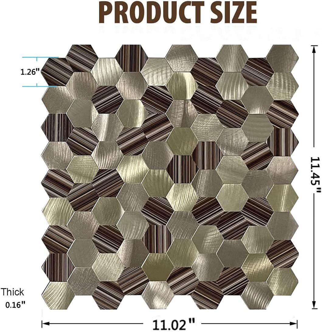 5-Sheet Peel and Stick Backsplash Hexagon 3D Wall Tile for Kitchen, Bathroom ，Living Room Self Adhesive Aluminum Metal Mosaic Sticker 11.4"x11"x0.15" (5, Golden Mixed)