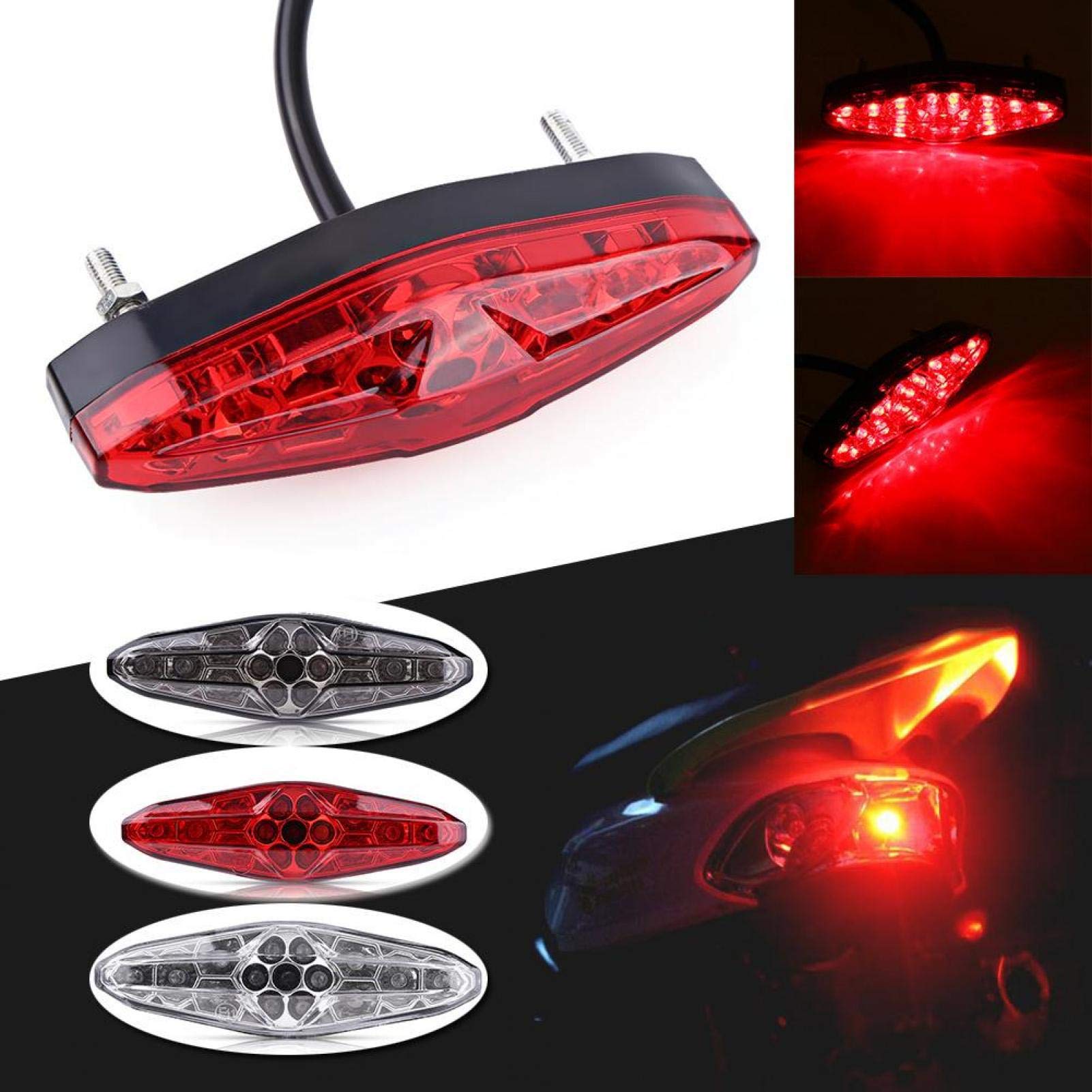 EVGATSAUTO Fanale Posteriore Moto A LED Universale 12V - Nero Con Lente Trasparente, Luce Bianca